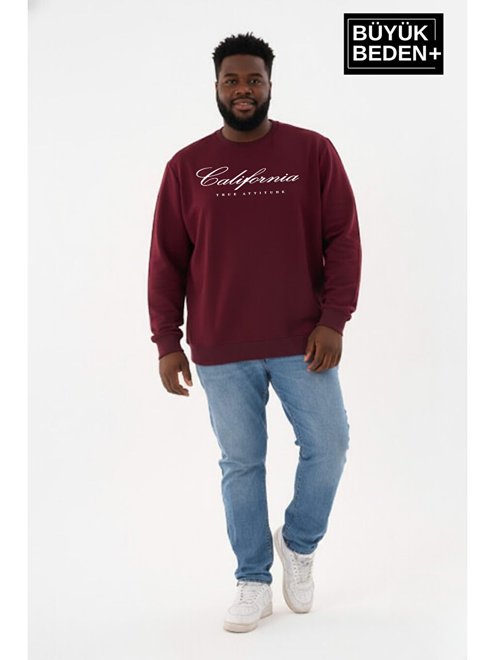 Bordo Erkek Büyük Beden El Yazılı California Baskılı Bisiklet Yaka İnce Sweatshirt SPR26BSW956-7