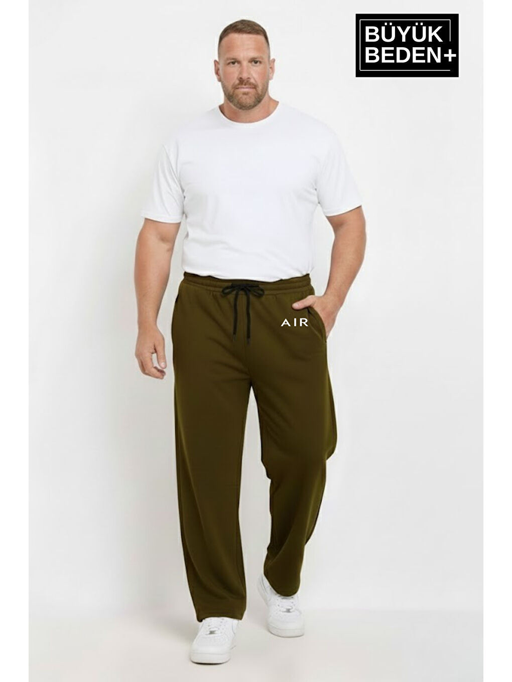 Haki Erkek Büyük Beden Rahat Kesim Paça Reçme AR Baskılı İnce Eşofman Altı SPR26EA952-1