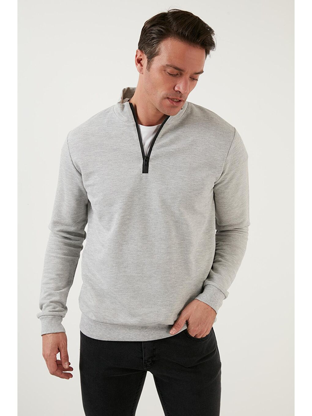 Gri Pamuklu Slim Fit Yarım Fermuarlı Dik Yaka Erkek Sweat 5905400