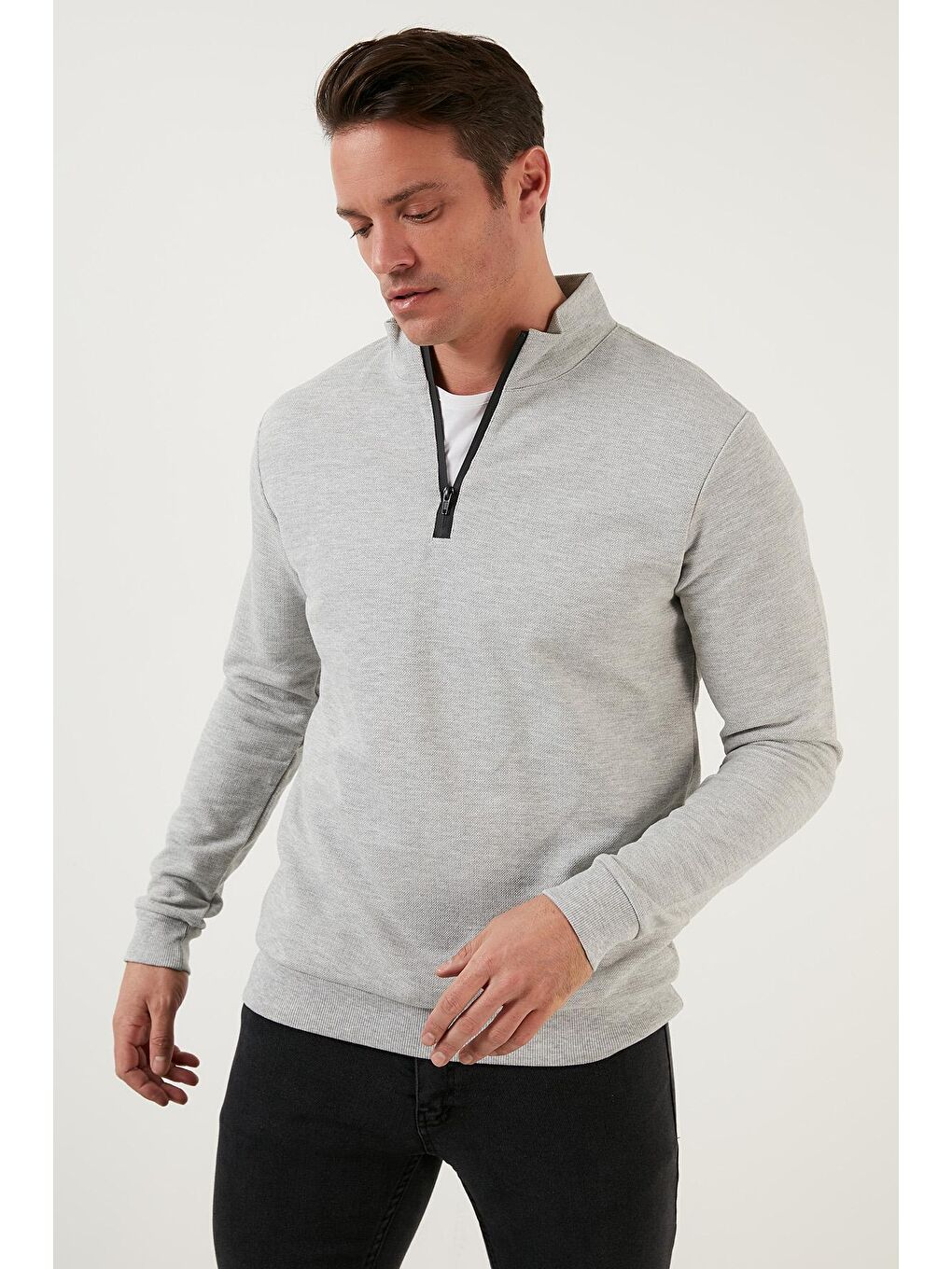 Gri Pamuklu Slim Fit Yarım Fermuarlı Dik Yaka Erkek Sweat 5905400-1