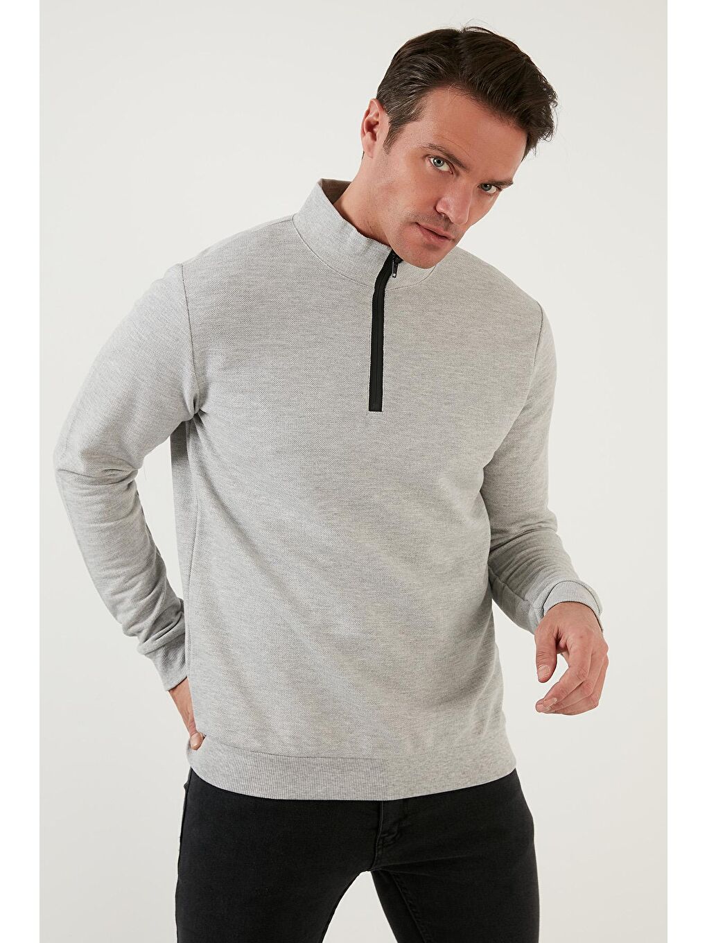 Gri Pamuklu Slim Fit Yarım Fermuarlı Dik Yaka Erkek Sweat 5905400-2