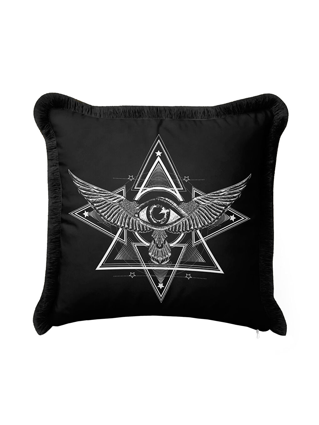 Karışık Mystik Geometrik Saçaklı Yastık Kılıfı - Sihirli Göz Modern Siyah Püsküllü Kırlent Kılıfı