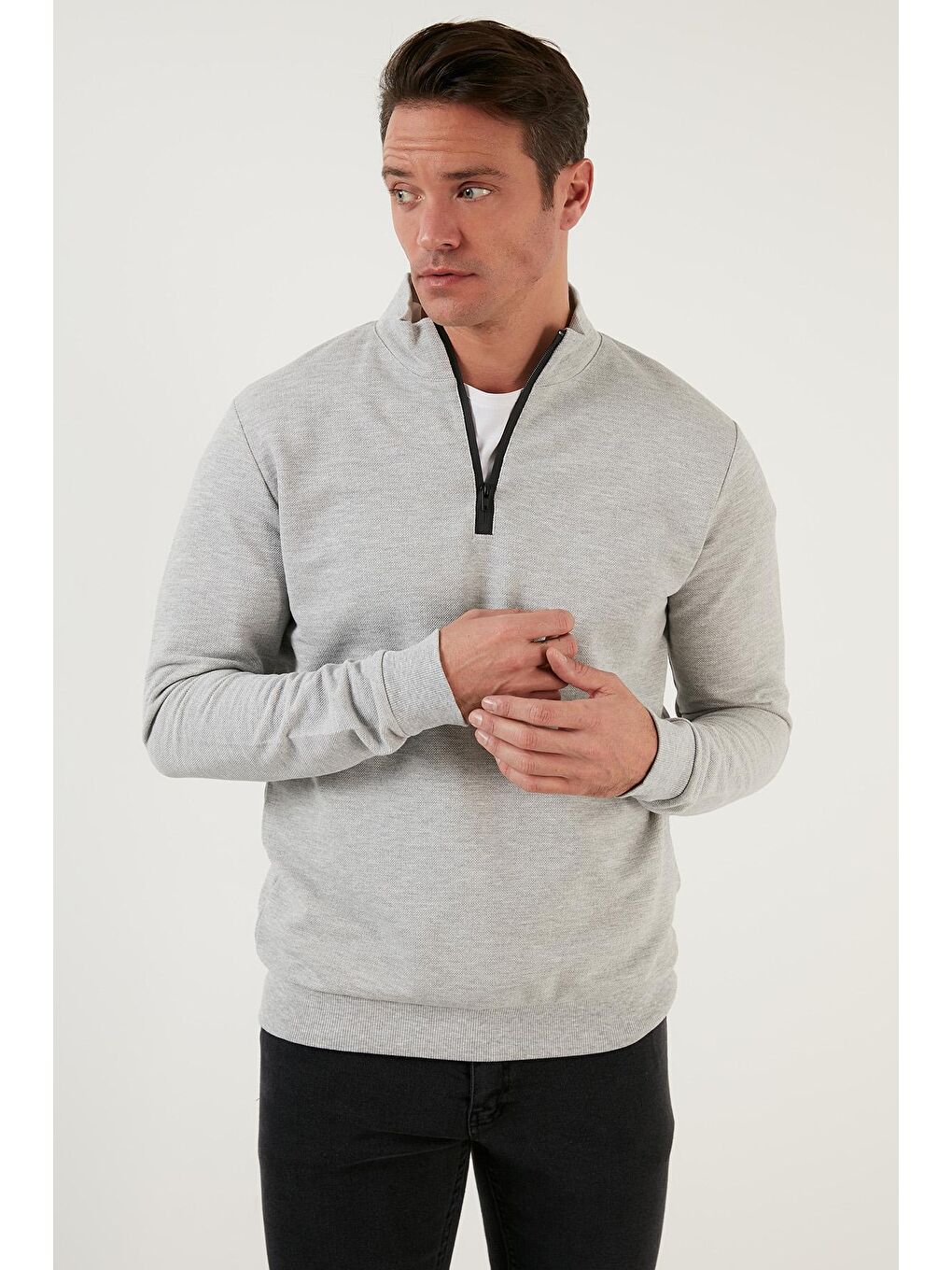 Gri Pamuklu Slim Fit Yarım Fermuarlı Dik Yaka Erkek Sweat 5905400-3