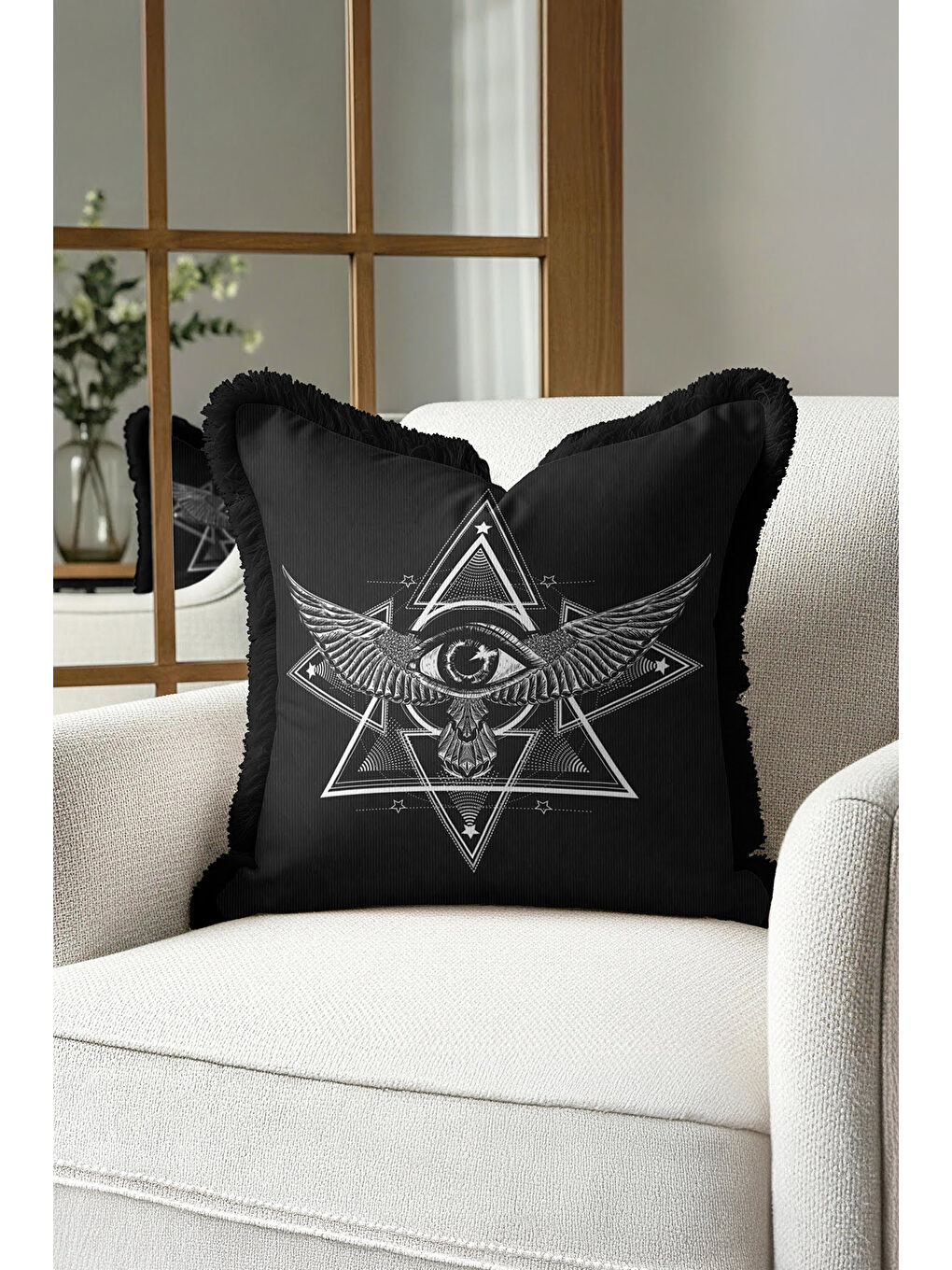 Karışık Mystik Geometrik Saçaklı Yastık Kılıfı - Sihirli Göz Modern Siyah Püsküllü Kırlent Kılıfı-1