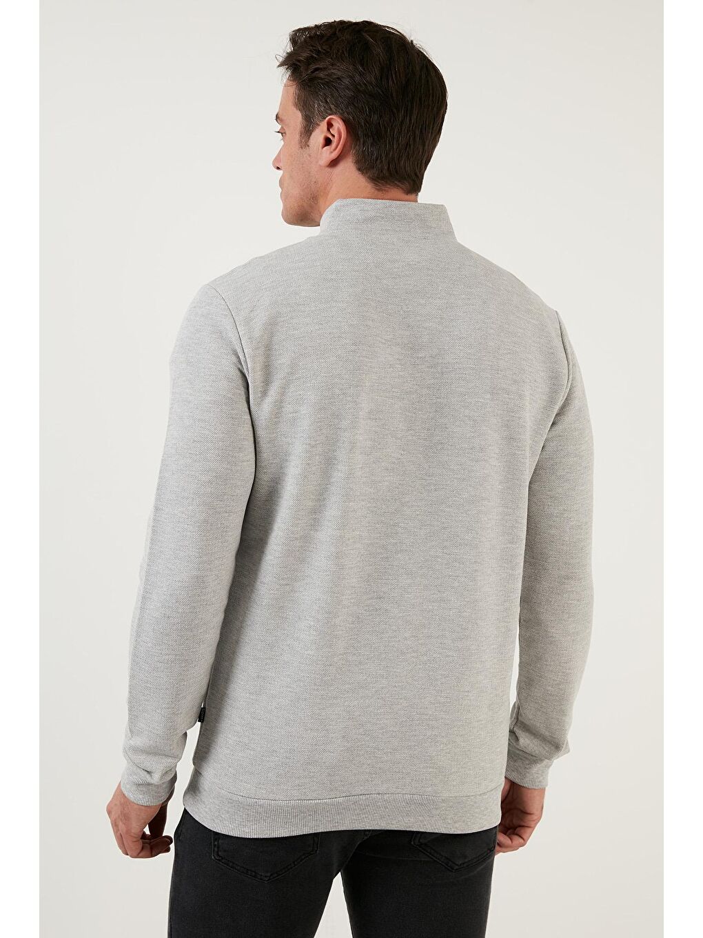 Gri Pamuklu Slim Fit Yarım Fermuarlı Dik Yaka Erkek Sweat 5905400-4