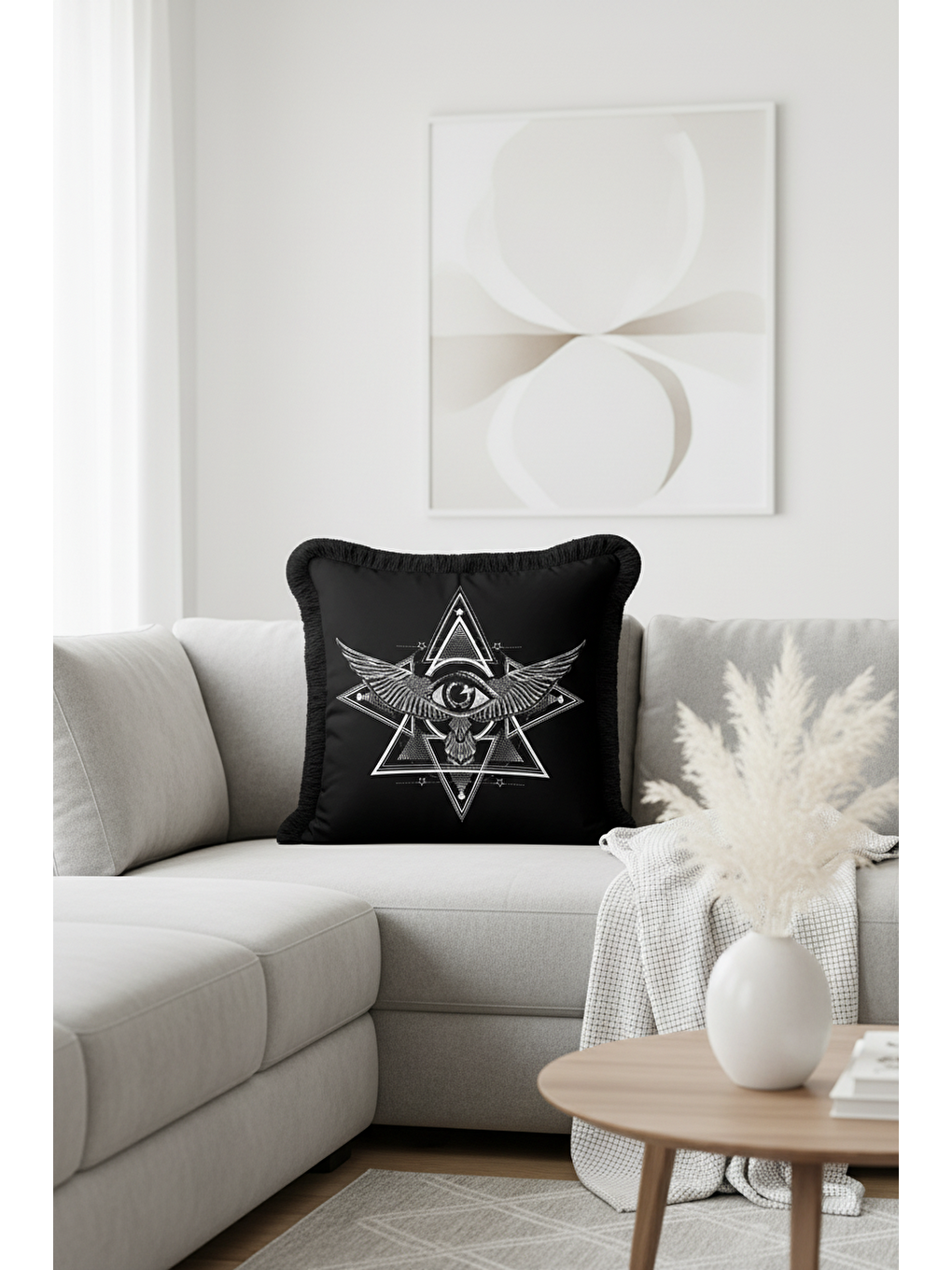 Karışık Mystik Geometrik Saçaklı Yastık Kılıfı - Sihirli Göz Modern Siyah Püsküllü Kırlent Kılıfı-2