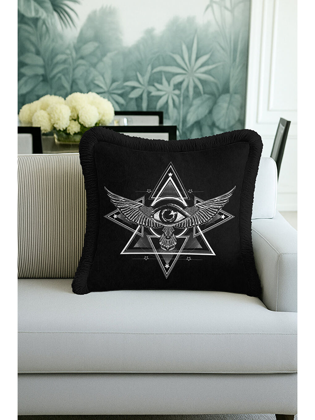 Karışık Mystik Geometrik Saçaklı Yastık Kılıfı - Sihirli Göz Modern Siyah Püsküllü Kırlent Kılıfı-3