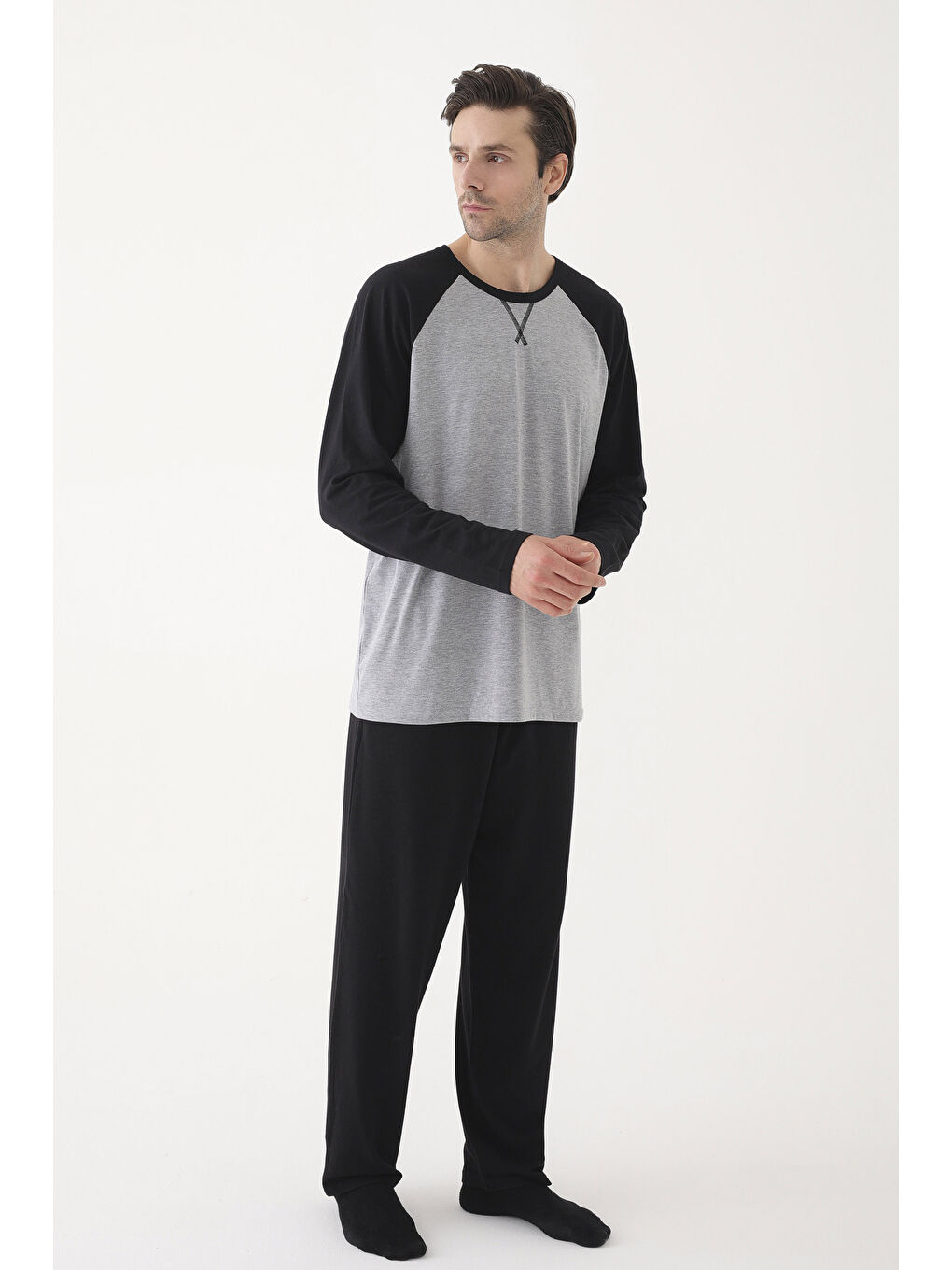 Erkek Pamuklu Siyah - Gri Uzun Kollu Cepli Pijama Takımı - S000328084-37287 |-1