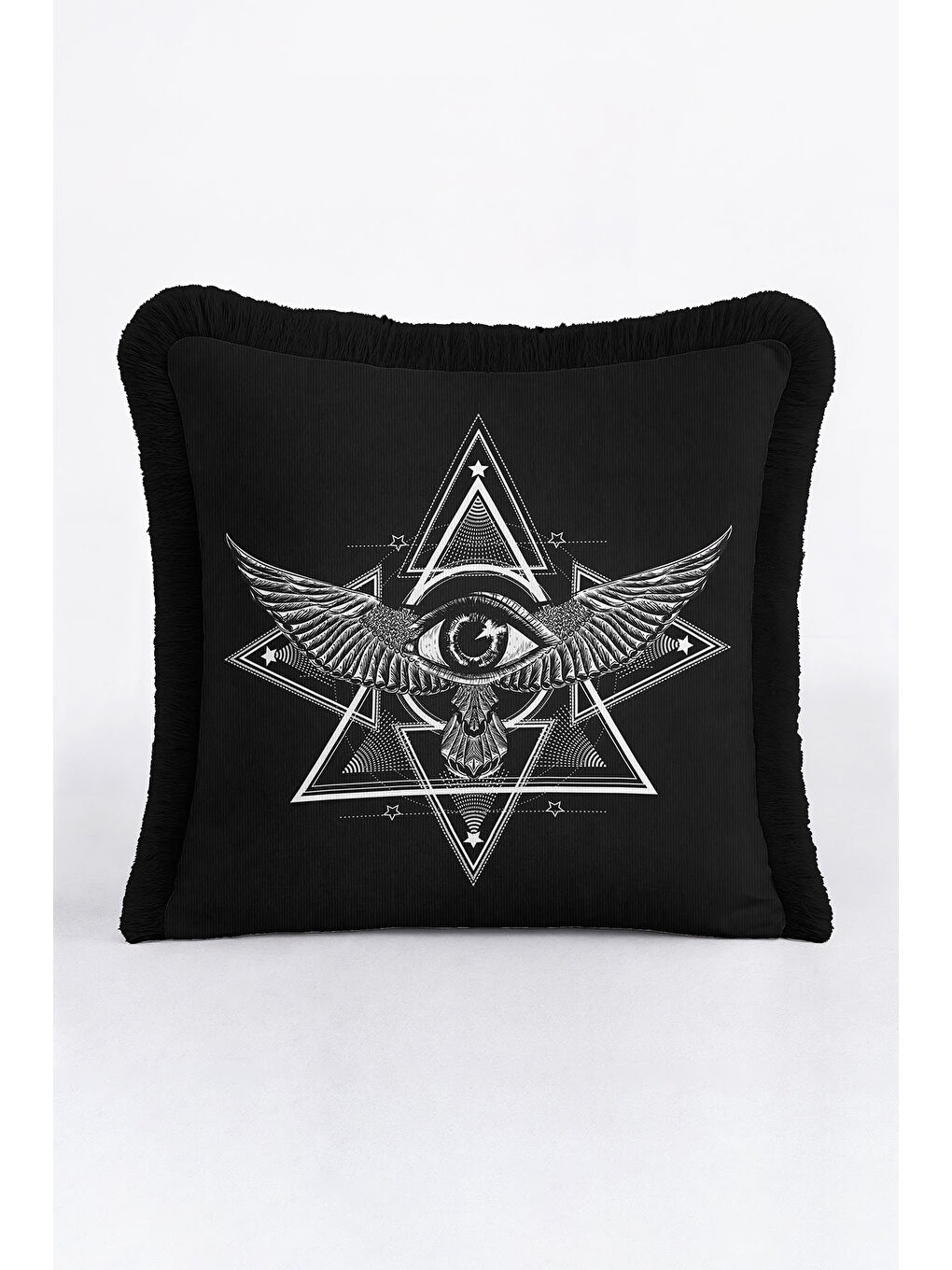 Karışık Mystik Geometrik Saçaklı Yastık Kılıfı - Sihirli Göz Modern Siyah Püsküllü Kırlent Kılıfı-4