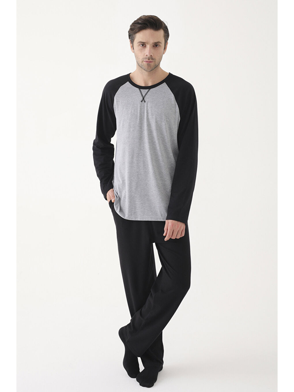 Erkek Pamuklu Siyah - Gri Uzun Kollu Cepli Pijama Takımı - S000328084-37287 |-2