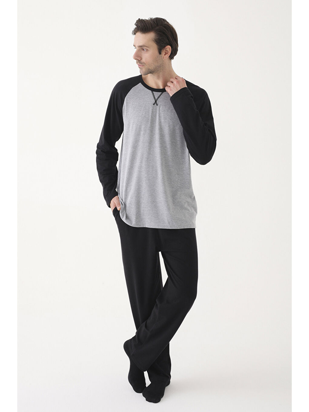 Erkek Pamuklu Siyah - Gri Uzun Kollu Cepli Pijama Takımı - S000328084-37287 |-3