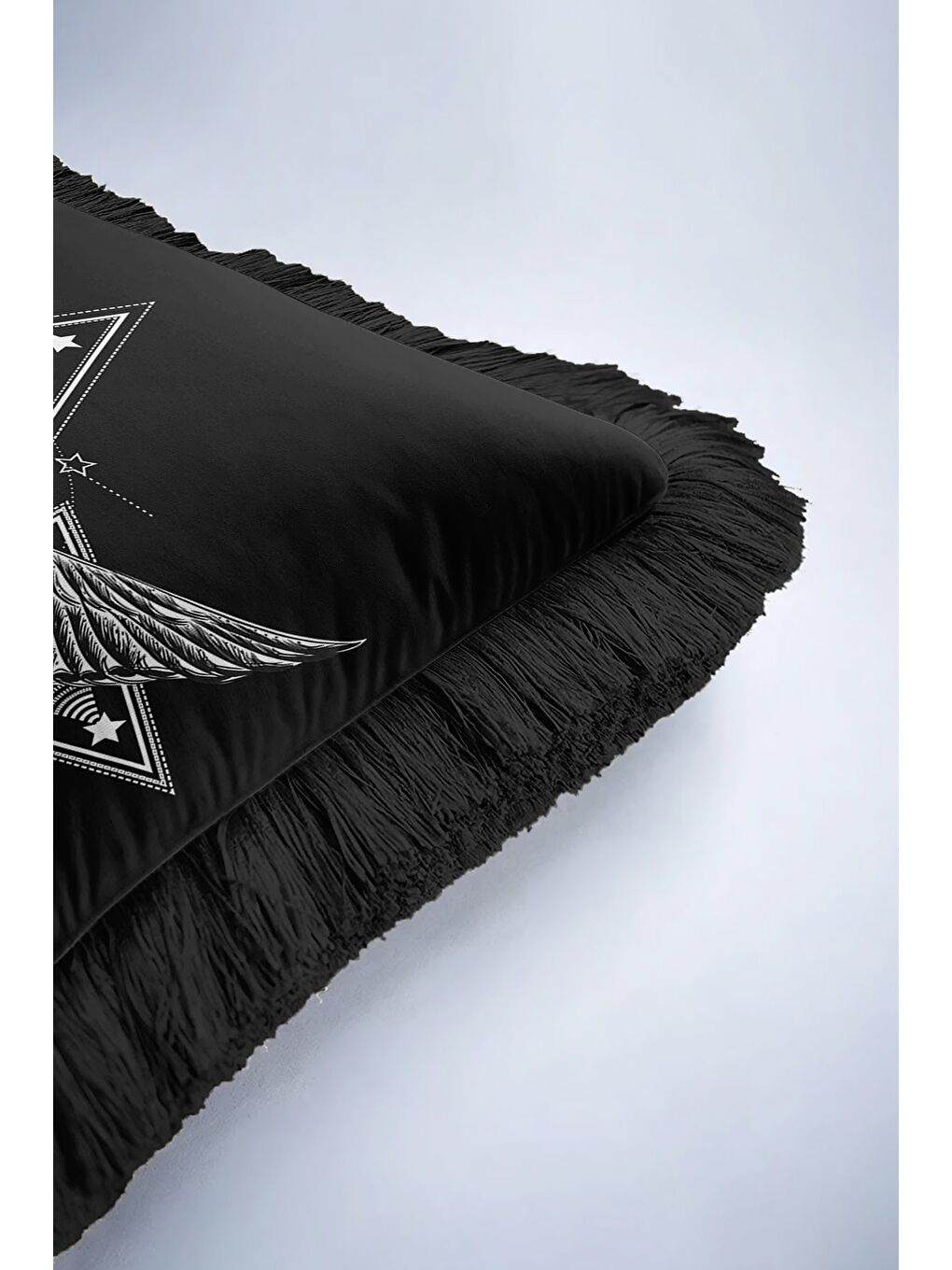 Karışık Mystik Geometrik Saçaklı Yastık Kılıfı - Sihirli Göz Modern Siyah Püsküllü Kırlent Kılıfı-6