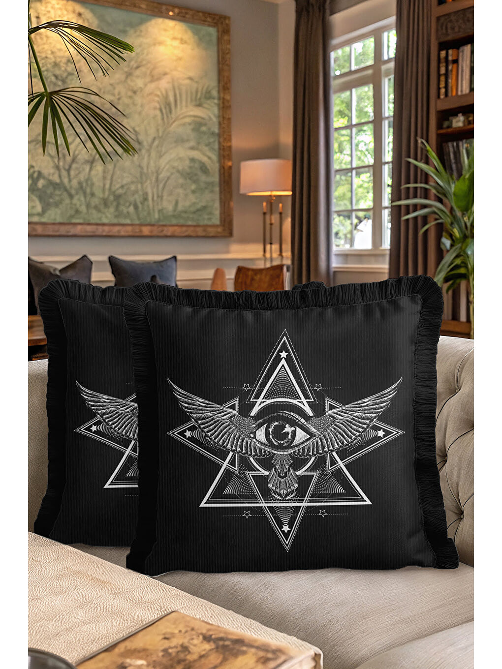 Karışık Mystik Geometrik Saçaklı Yastık Kılıfı - Sihirli Göz Modern Siyah Püsküllü Kırlent Kılıfı-7