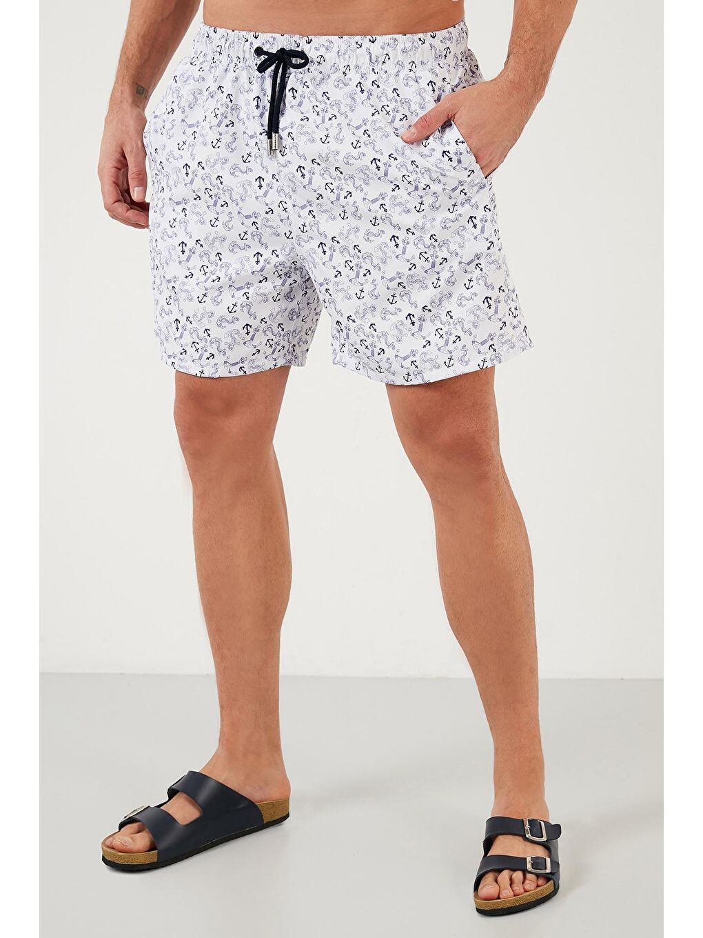 Beyaz Desenli Deniz Şortu Belden Bağlamalı Cepli Mayo Short 380093