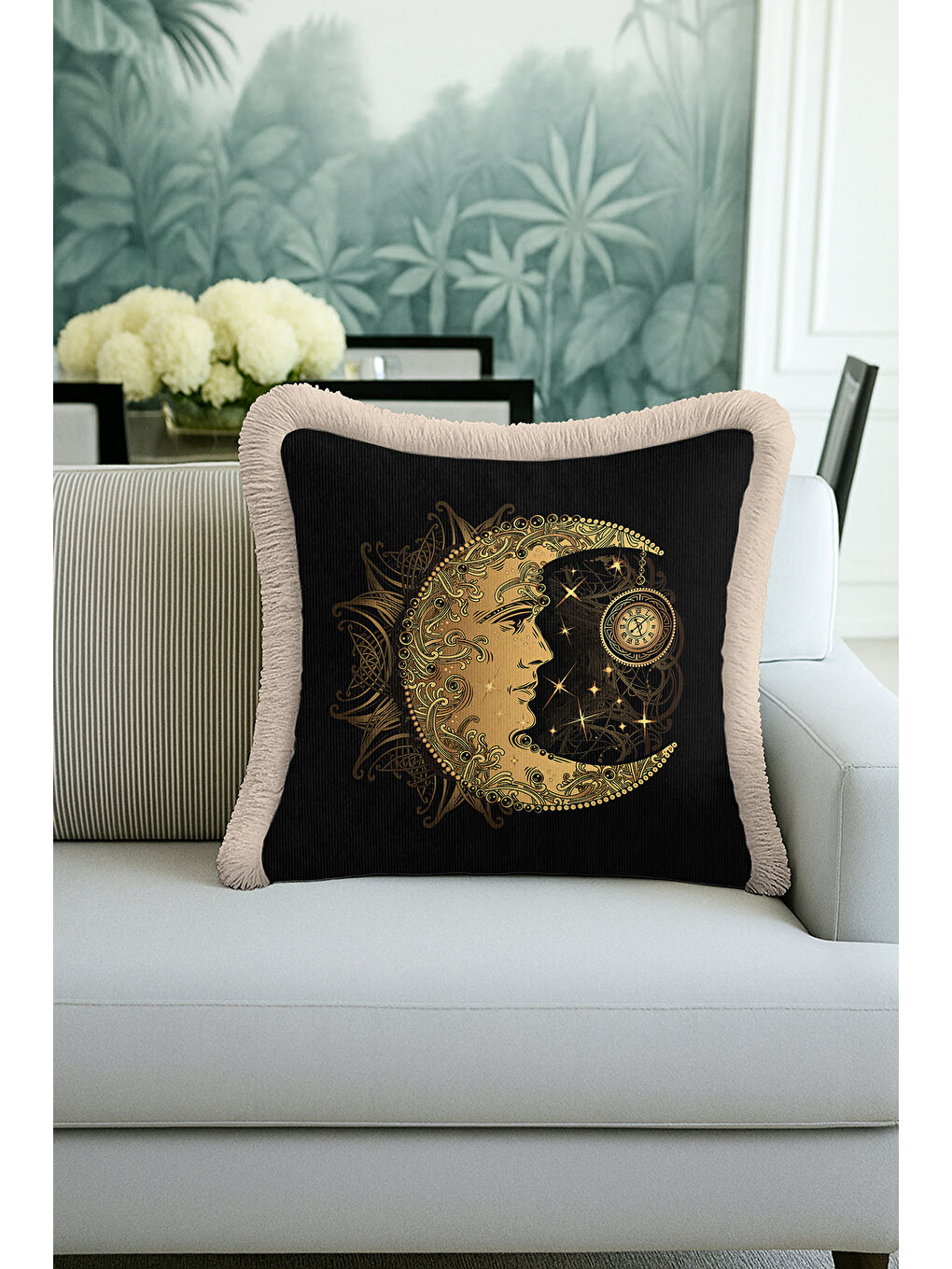 Karışık Altın Renkli Ay Motifli Saçaklı Yastık Kılıfı - Mistik Bohem Siyah Altın Püsküllü Kırlent Kılıfı