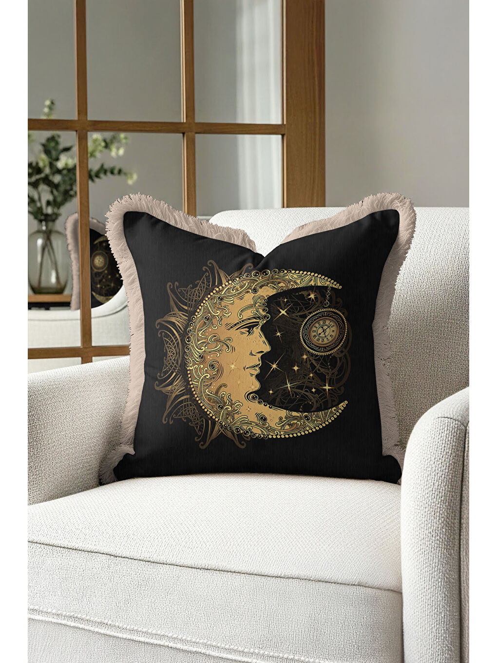 Karışık Altın Renkli Ay Motifli Saçaklı Yastık Kılıfı - Mistik Bohem Siyah Altın Püsküllü Kırlent Kılıfı-1