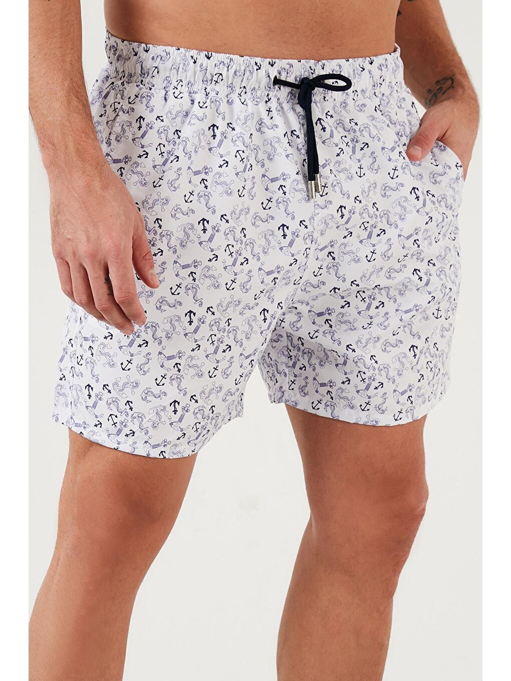 Beyaz Desenli Deniz Şortu Belden Bağlamalı Cepli Mayo Short 380093-1