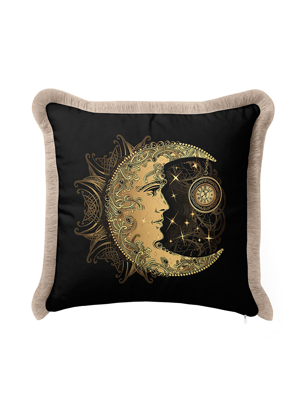Karışık Altın Renkli Ay Motifli Saçaklı Yastık Kılıfı - Mistik Bohem Siyah Altın Püsküllü Kırlent Kılıfı-2