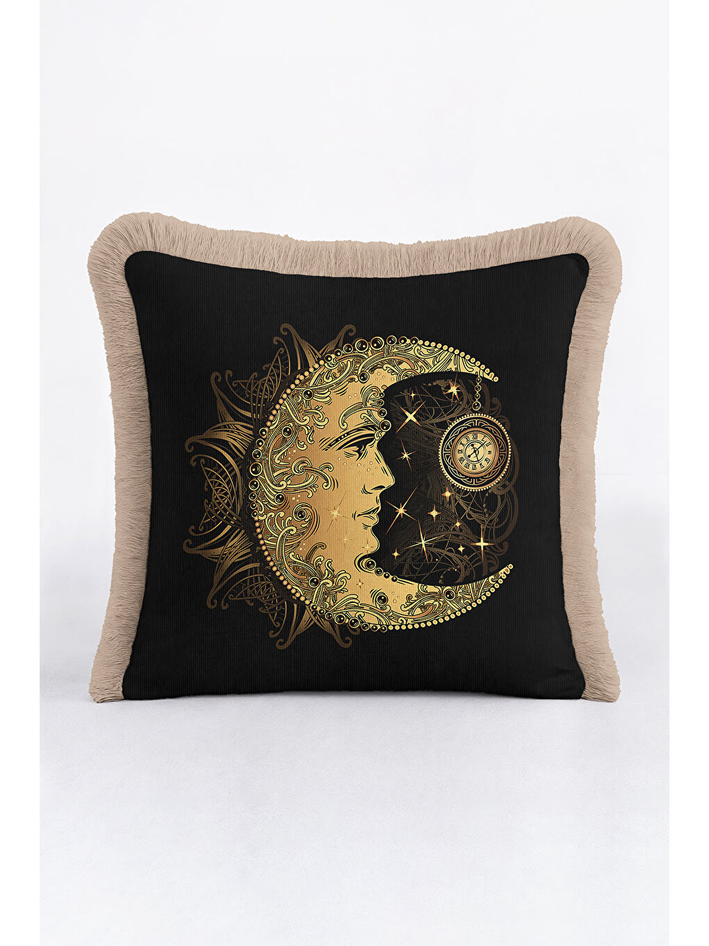 Karışık Altın Renkli Ay Motifli Saçaklı Yastık Kılıfı - Mistik Bohem Siyah Altın Püsküllü Kırlent Kılıfı-3