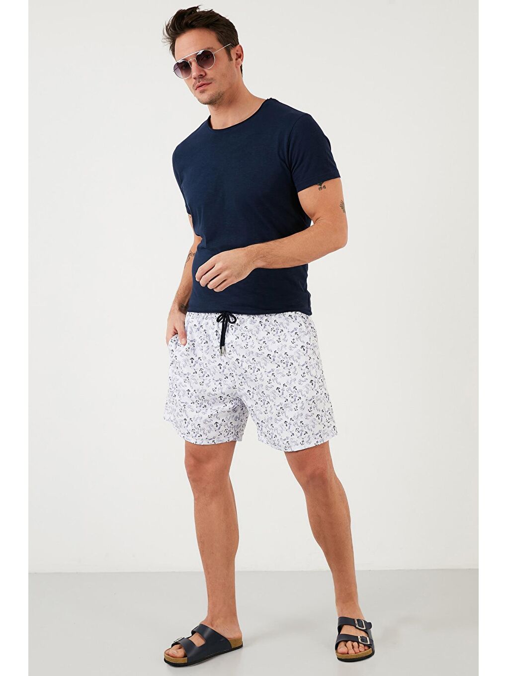 Beyaz Desenli Deniz Şortu Belden Bağlamalı Cepli Mayo Short 380093-3