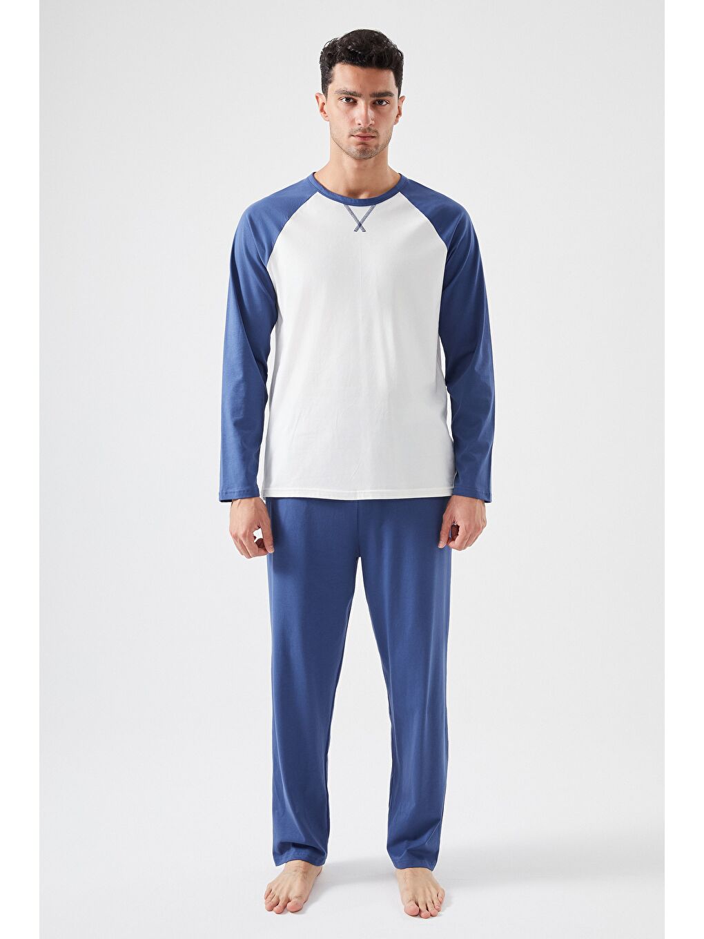Mavi Erkek Pamuklu Uzun Kollu Cepli %100 Pamuk Pijama Takımı-1