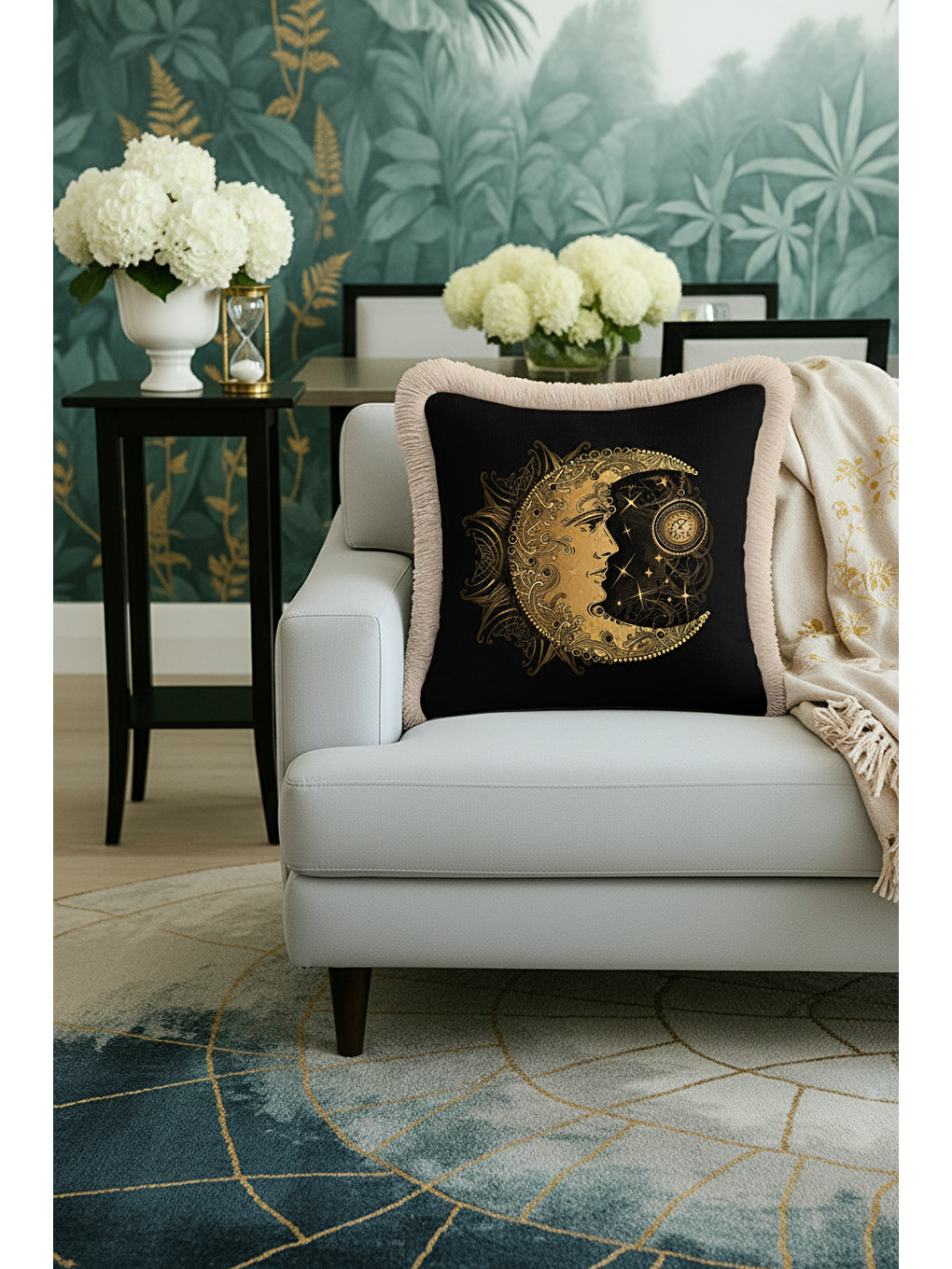 Karışık Altın Renkli Ay Motifli Saçaklı Yastık Kılıfı - Mistik Bohem Siyah Altın Püsküllü Kırlent Kılıfı-4