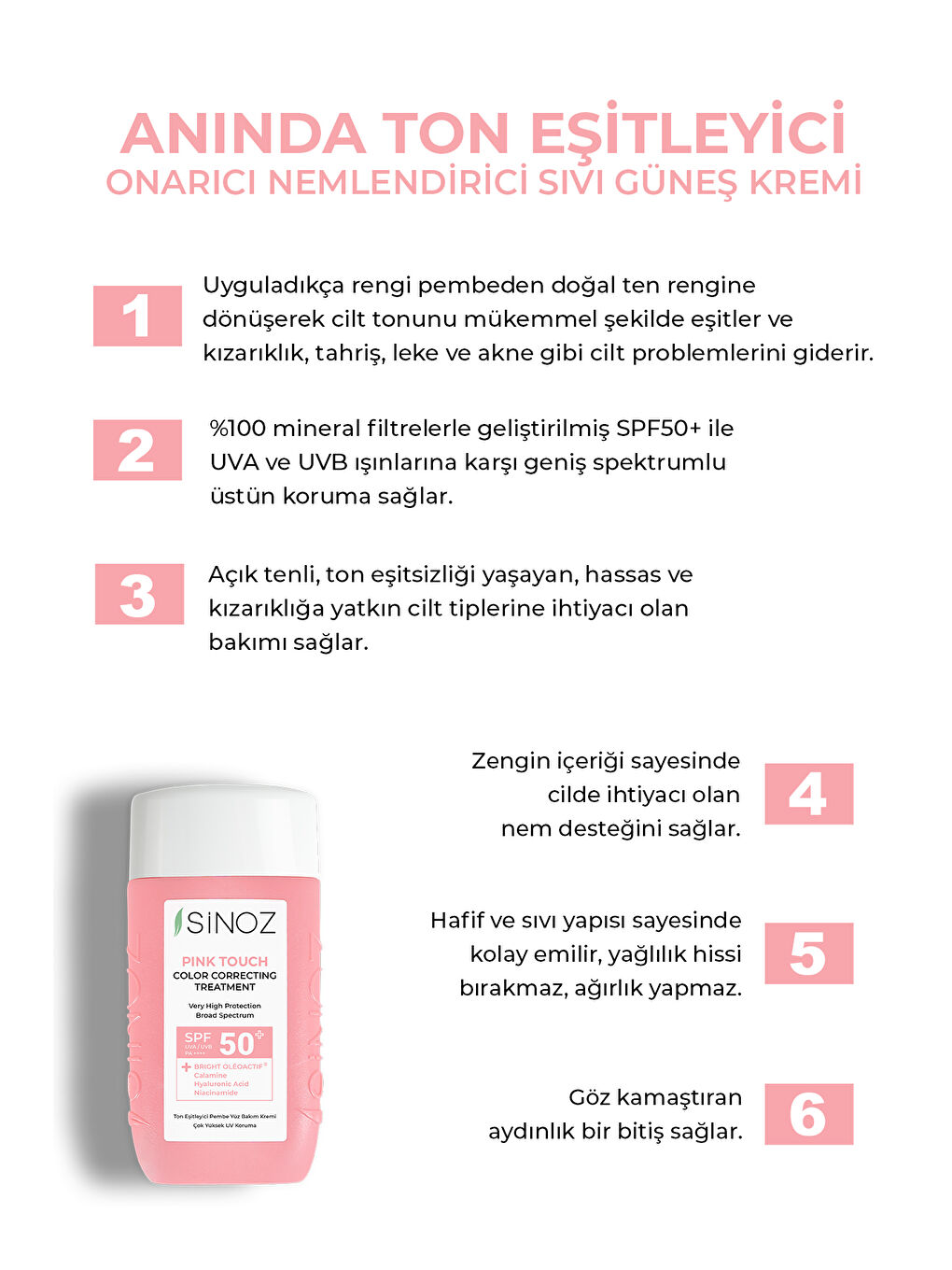 Sinoz Pink Touch Anında Ton Eşitleyici Onarıcı Nemlendirici Pembe Yüz Güneş Kremi Spf50 - 1