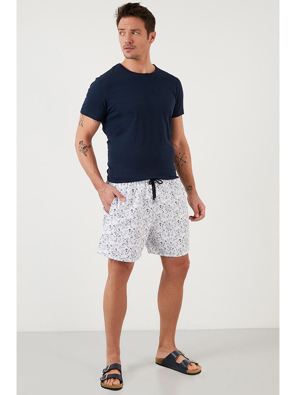 Beyaz Desenli Deniz Şortu Belden Bağlamalı Cepli Mayo Short 380093-4