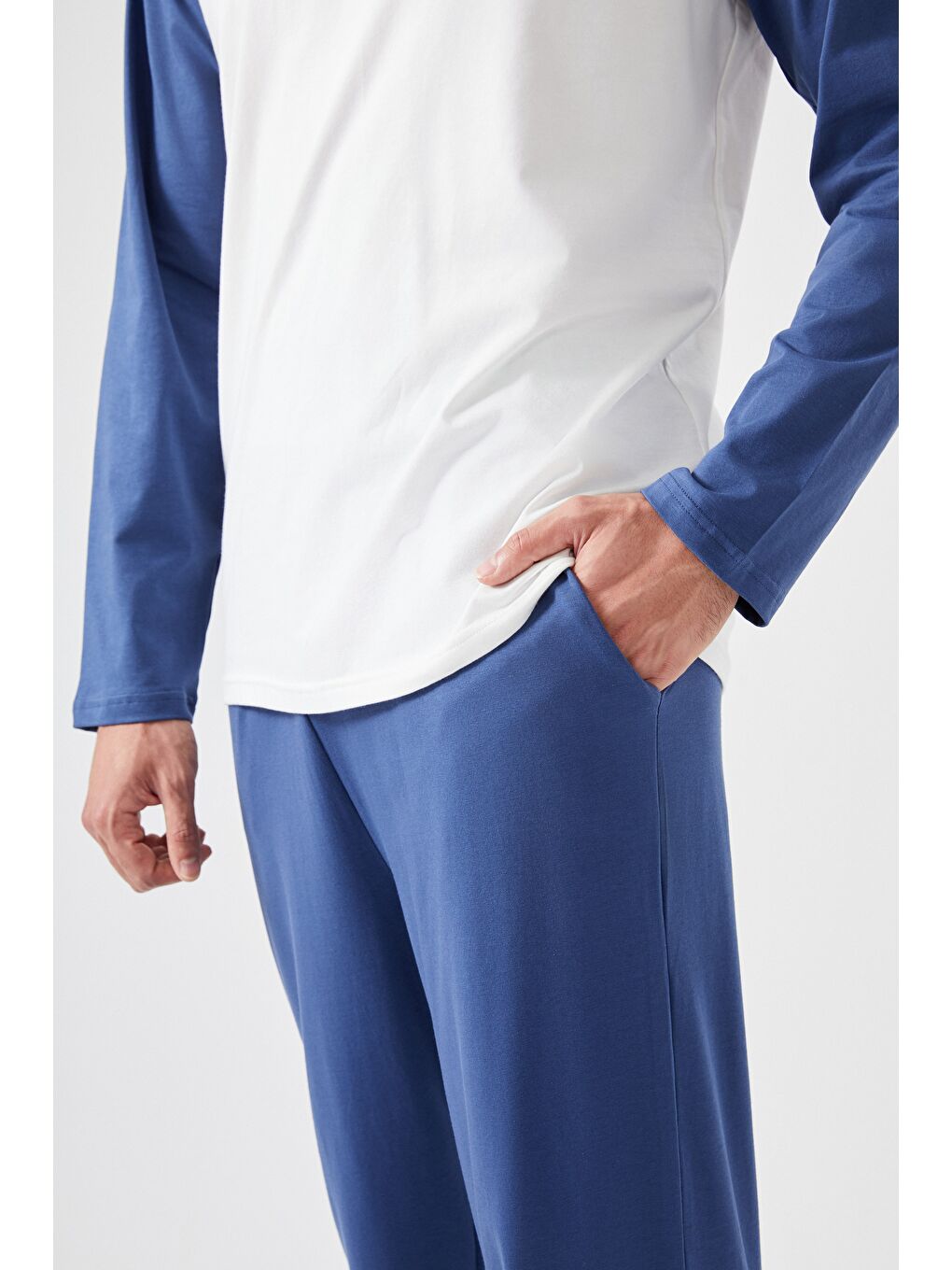Mavi Erkek Pamuklu Uzun Kollu Cepli %100 Pamuk Pijama Takımı-4