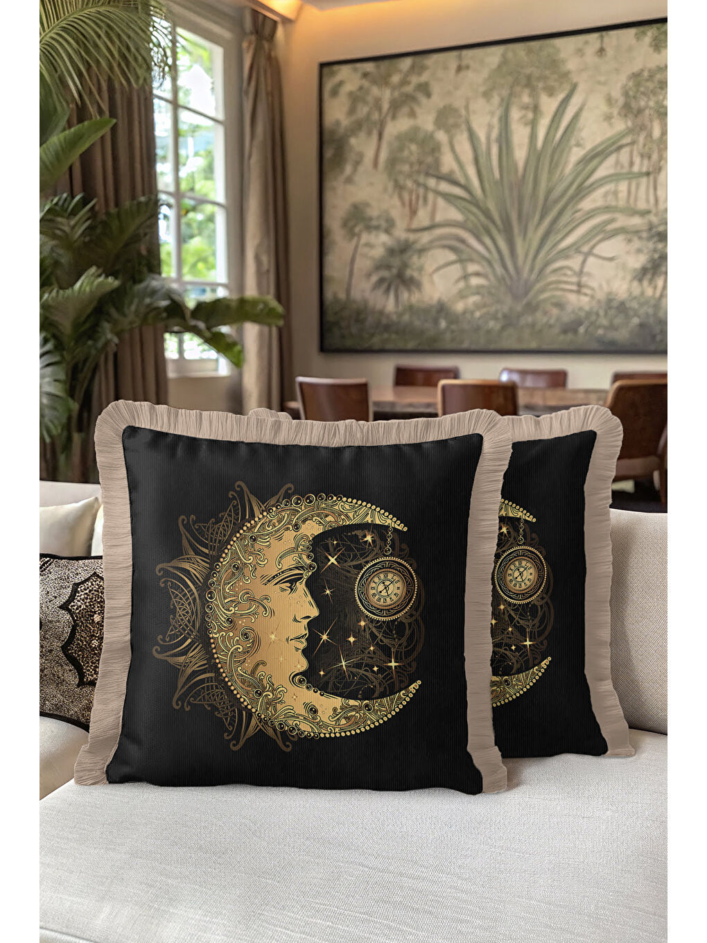 Karışık Altın Renkli Ay Motifli Saçaklı Yastık Kılıfı - Mistik Bohem Siyah Altın Püsküllü Kırlent Kılıfı-5
