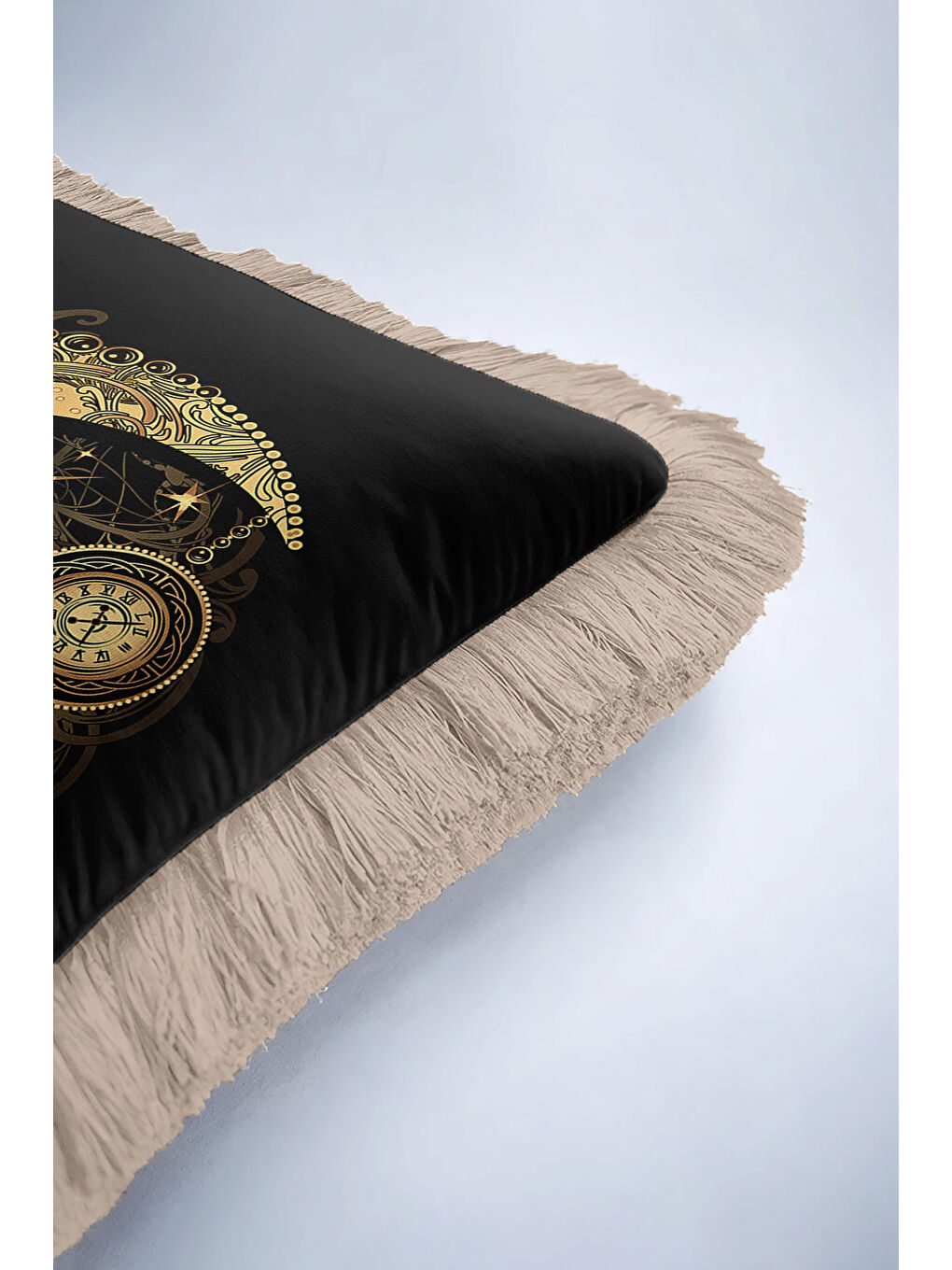 Karışık Altın Renkli Ay Motifli Saçaklı Yastık Kılıfı - Mistik Bohem Siyah Altın Püsküllü Kırlent Kılıfı-6