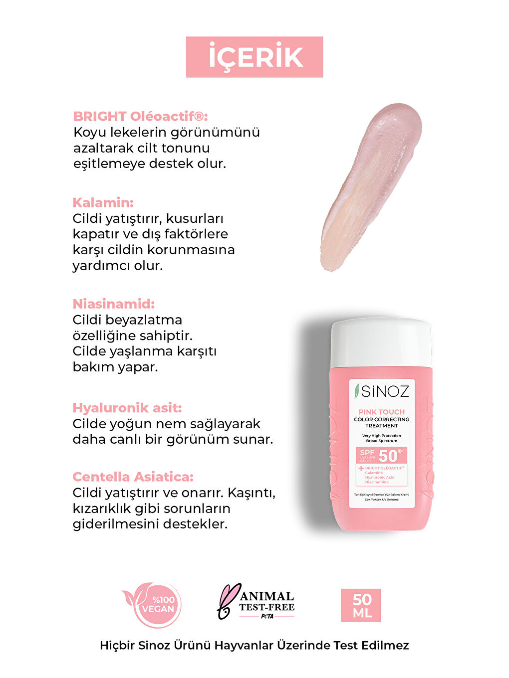 Sinoz Pink Touch Anında Ton Eşitleyici Onarıcı Nemlendirici Pembe Yüz Güneş Kremi Spf50 - 2