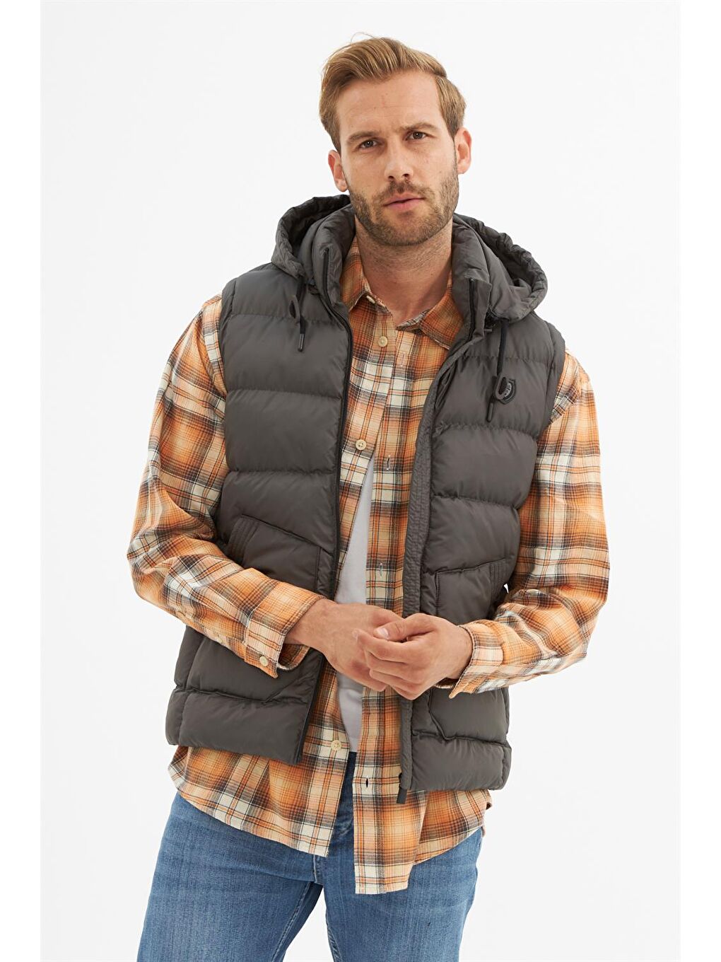 Erkek Çıkarılabilir Kapüşonlu Cep Detaylı Şişme Yelek Antrasit-2