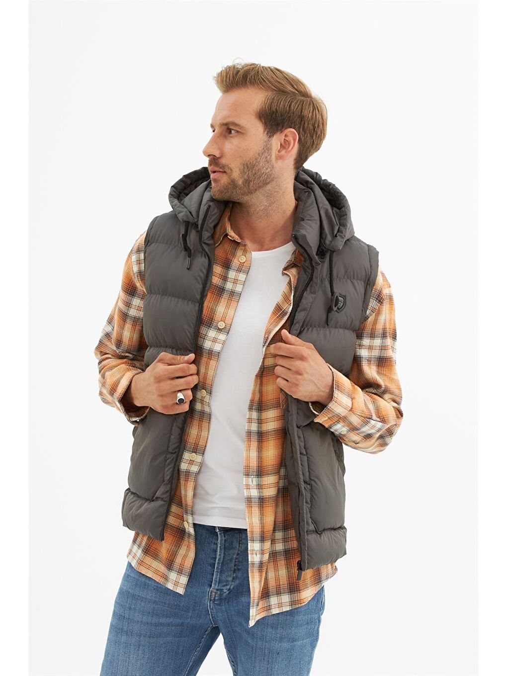 Erkek Çıkarılabilir Kapüşonlu Cep Detaylı Şişme Yelek Antrasit-3