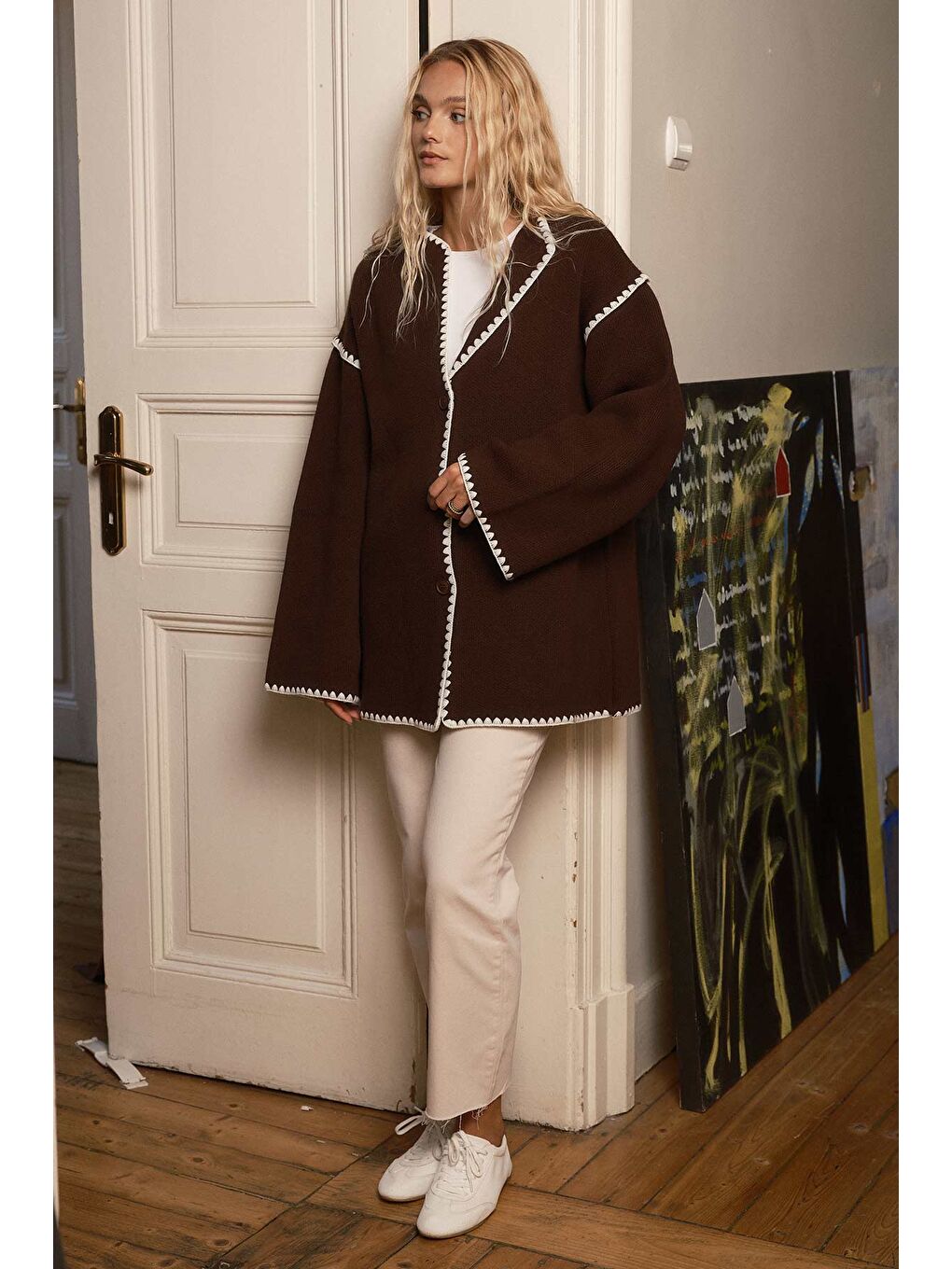 Kahverengi Biye İşleme Detaylı Kahve Hırka-1