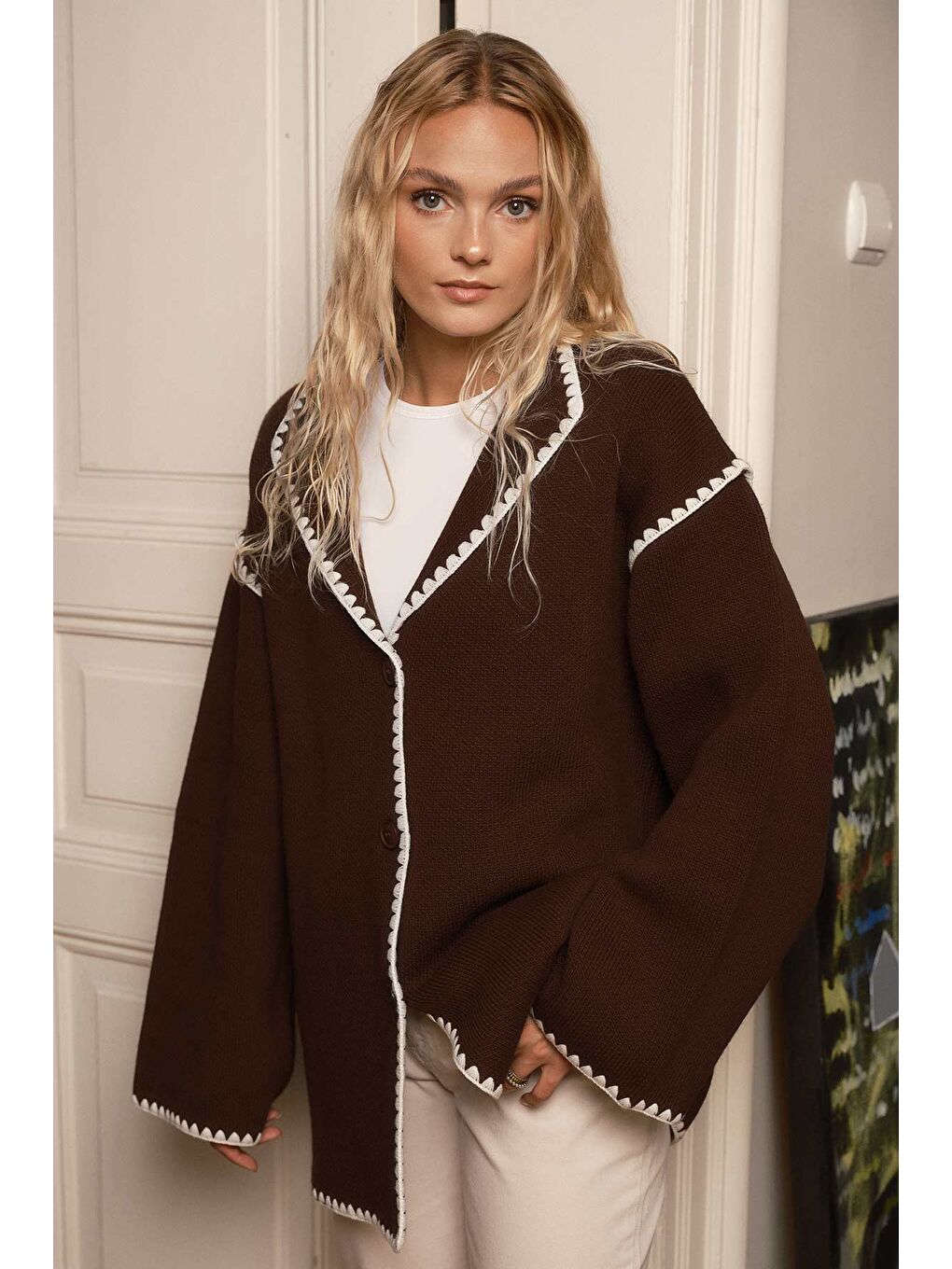 Kahverengi Biye İşleme Detaylı Kahve Hırka-4