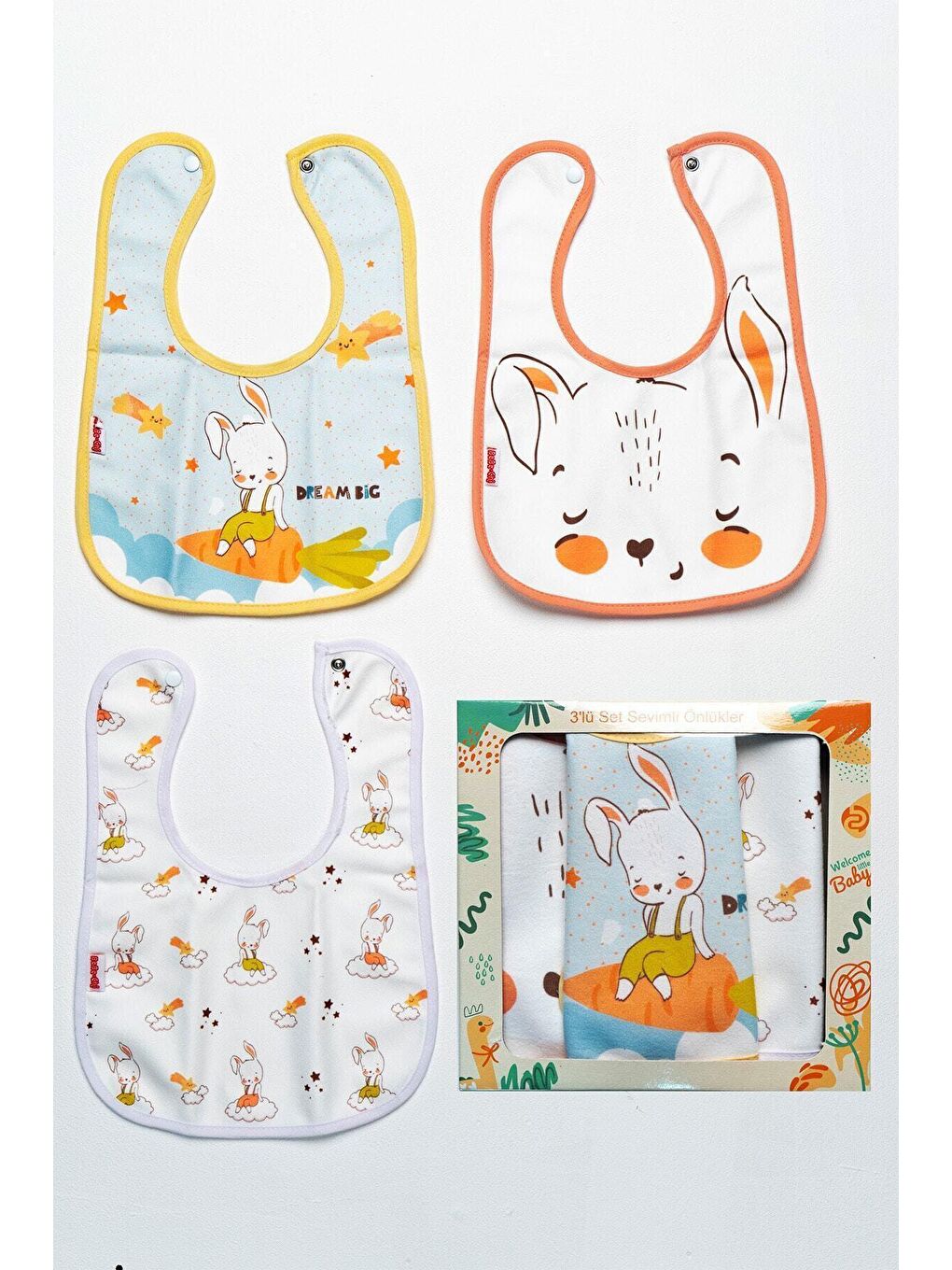 Rabbit Temalı Kare 3 Parça Microfiber Mama Önlüğü Kendi Kutusunda (su Geçirmez) Çıtçıtlı