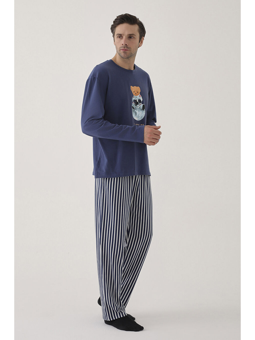 Mavi Erkek Pamuklu Uzun Kollu Üst Astronot Baskılı Alt Çizgili Pijama Takımı-2