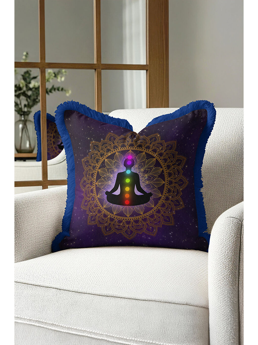 Karışık Mandala Meditasyon Temalı Saçaklı Yastık Kılıfı - Kozmik Bohem Altın Renkli Püsküllü Kırlent Kılıfı