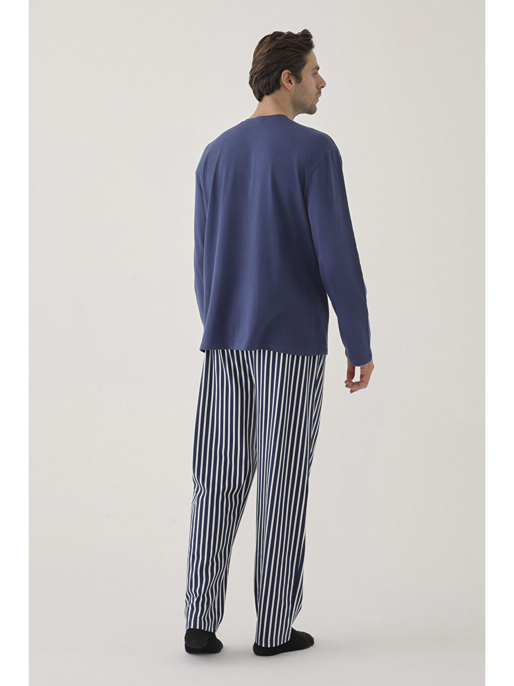 Mavi Erkek Pamuklu Uzun Kollu Üst Astronot Baskılı Alt Çizgili Pijama Takımı-3