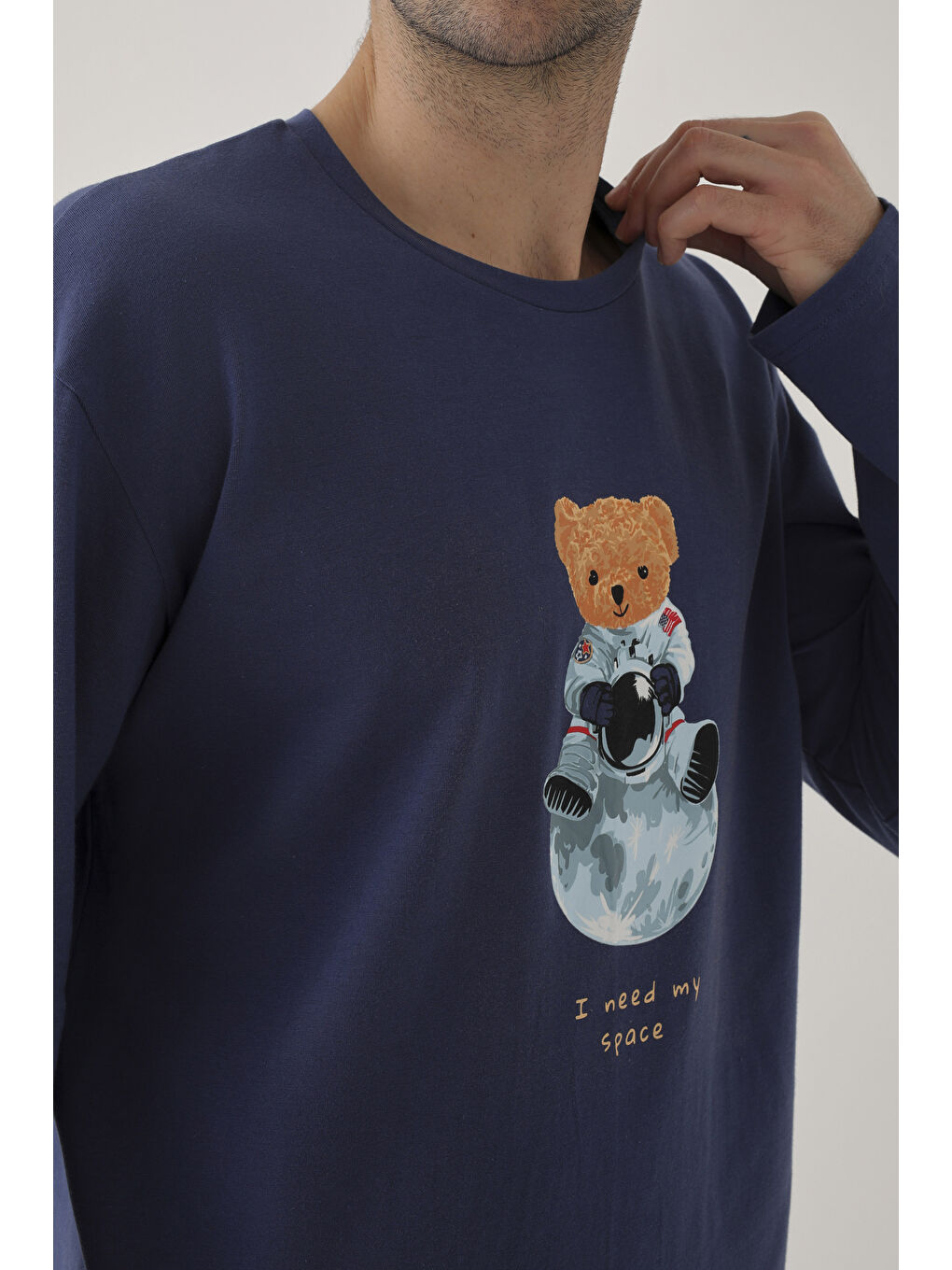 Mavi Erkek Pamuklu Uzun Kollu Üst Astronot Baskılı Alt Çizgili Pijama Takımı-4