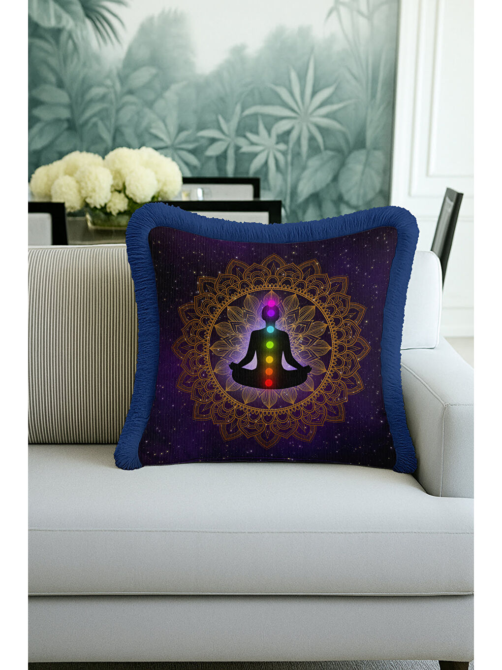 Karışık Mandala Meditasyon Temalı Saçaklı Yastık Kılıfı - Kozmik Bohem Altın Renkli Püsküllü Kırlent Kılıfı-1