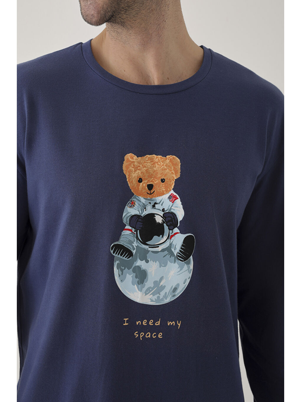 Mavi Erkek Pamuklu Uzun Kollu Üst Astronot Baskılı Alt Çizgili Pijama Takımı-6