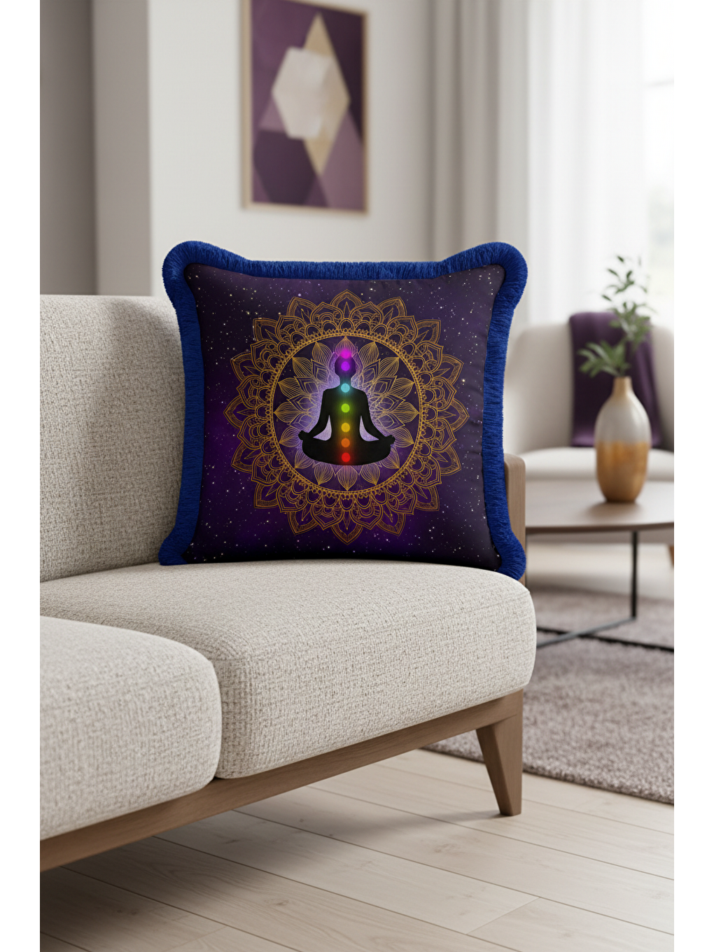 Karışık Mandala Meditasyon Temalı Saçaklı Yastık Kılıfı - Kozmik Bohem Altın Renkli Püsküllü Kırlent Kılıfı-2