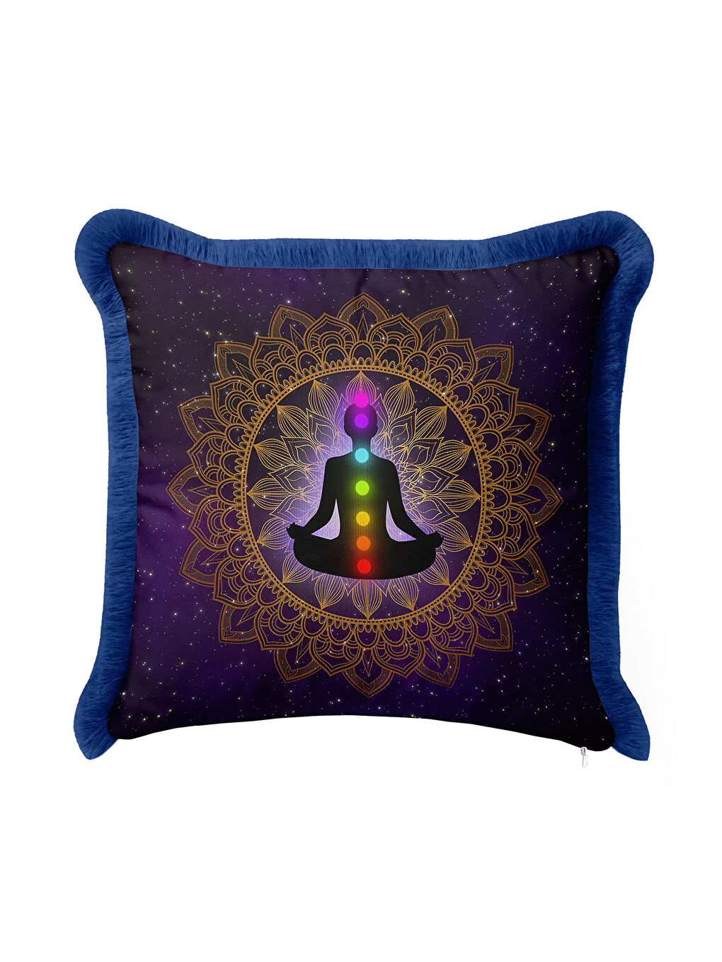 Karışık Mandala Meditasyon Temalı Saçaklı Yastık Kılıfı - Kozmik Bohem Altın Renkli Püsküllü Kırlent Kılıfı-3