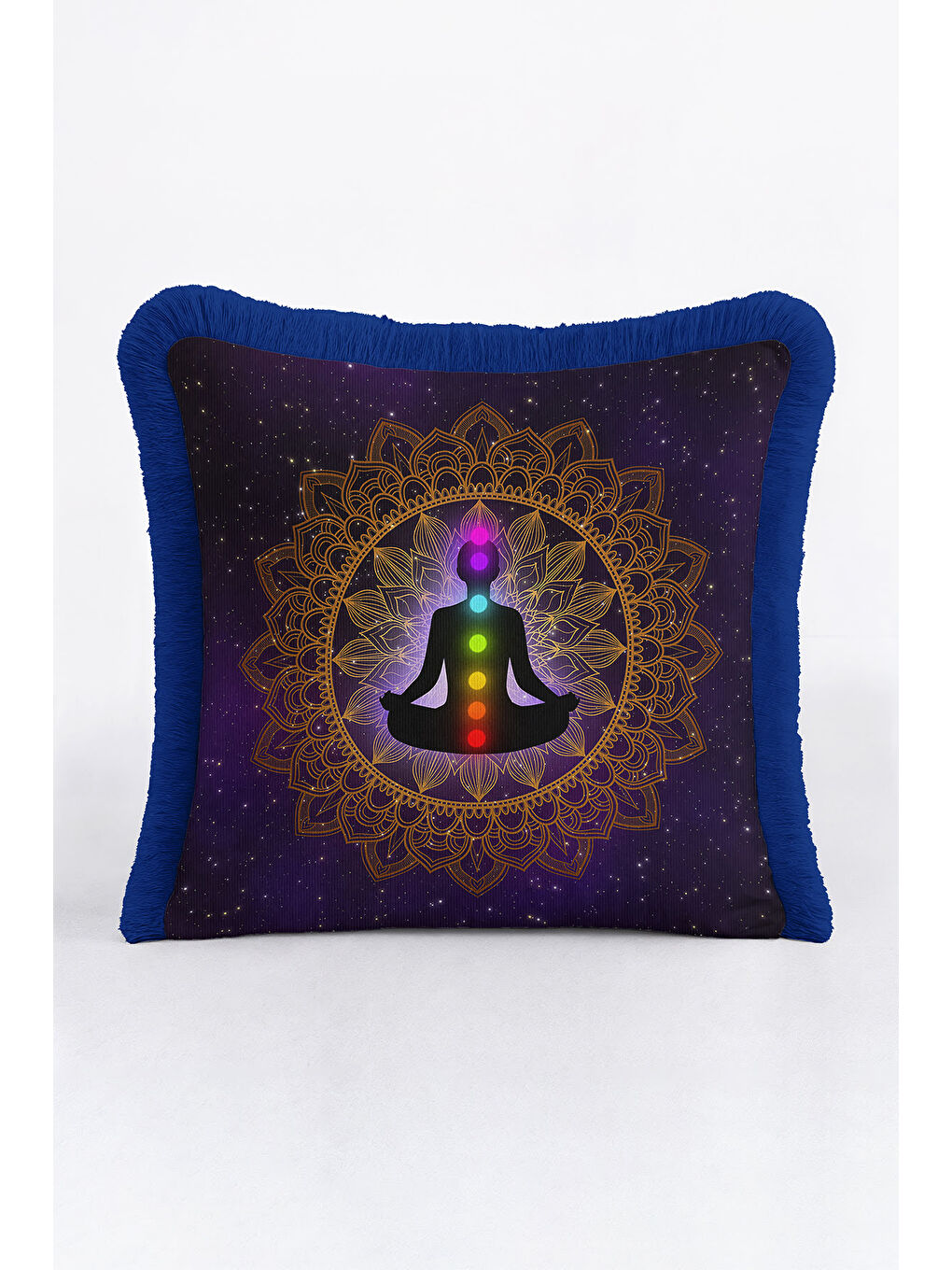 Karışık Mandala Meditasyon Temalı Saçaklı Yastık Kılıfı - Kozmik Bohem Altın Renkli Püsküllü Kırlent Kılıfı-4