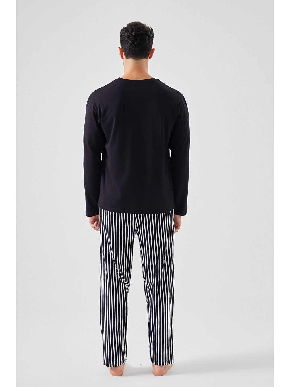 Siyah Erkek Pamuklu Uzun Kollu Üst Astronot Baskılı Alt Çizgili Pijama Takımı - S000325218-37424 |-2