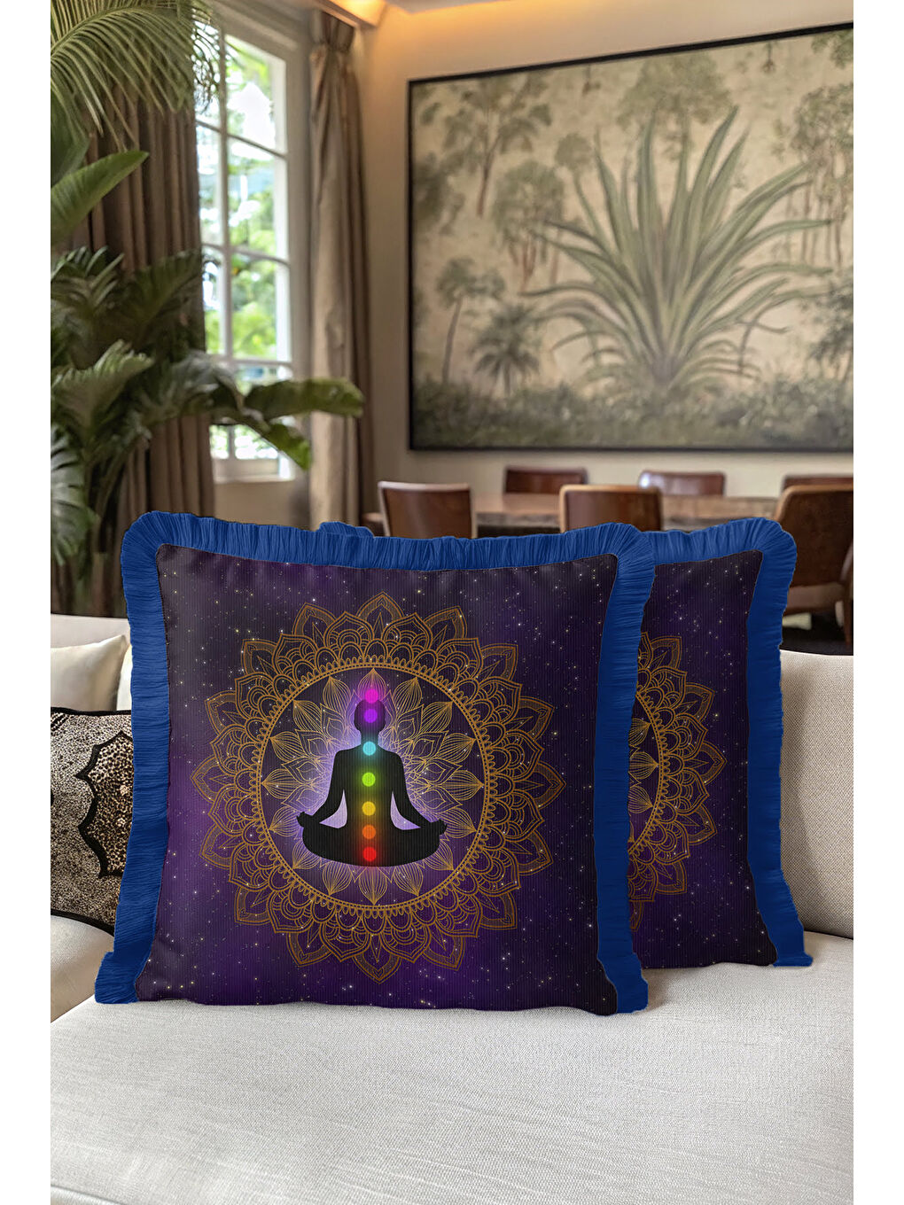 Karışık Mandala Meditasyon Temalı Saçaklı Yastık Kılıfı - Kozmik Bohem Altın Renkli Püsküllü Kırlent Kılıfı-5