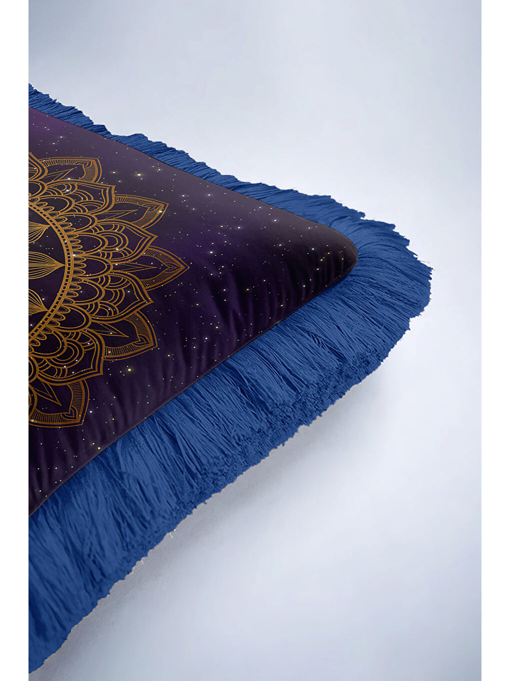 Karışık Mandala Meditasyon Temalı Saçaklı Yastık Kılıfı - Kozmik Bohem Altın Renkli Püsküllü Kırlent Kılıfı-6