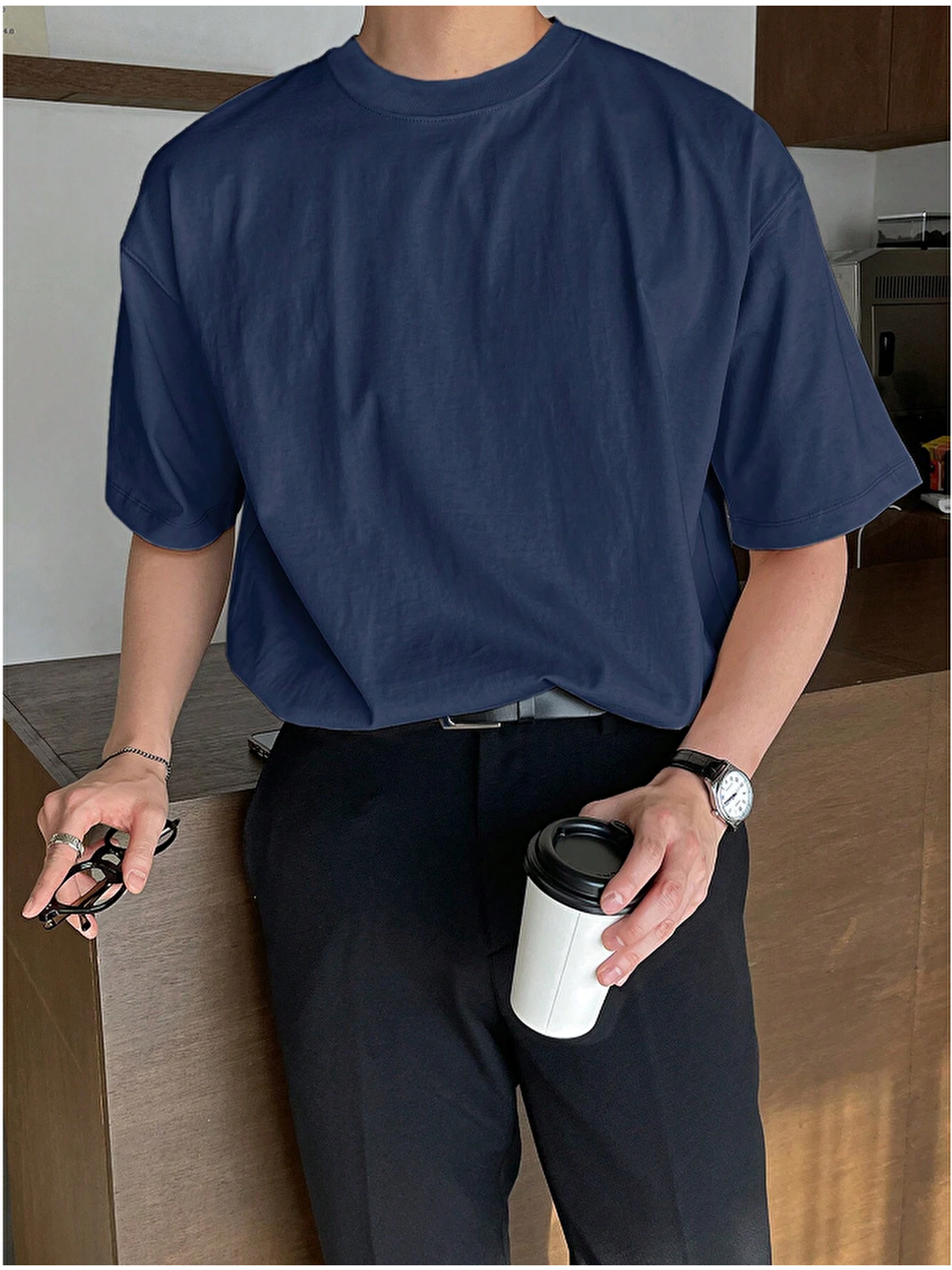 Lacivert Erkek Bisiklet Yaka %100 Pamuk Tişört-2